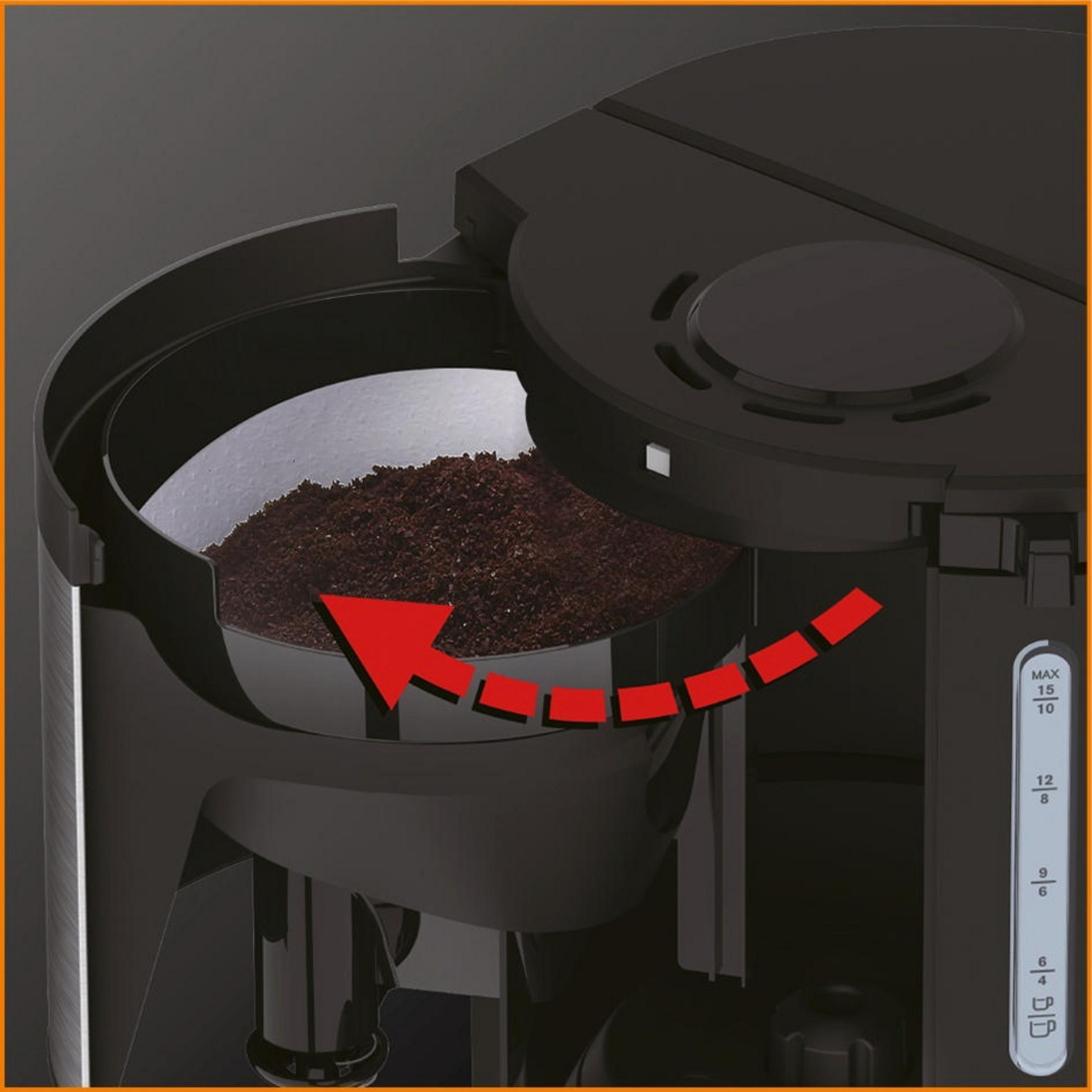 Eine offene Kaffeemaschine mit Kaffeepulver. Pfeil zeigt die Kaffeeausrichtung an.