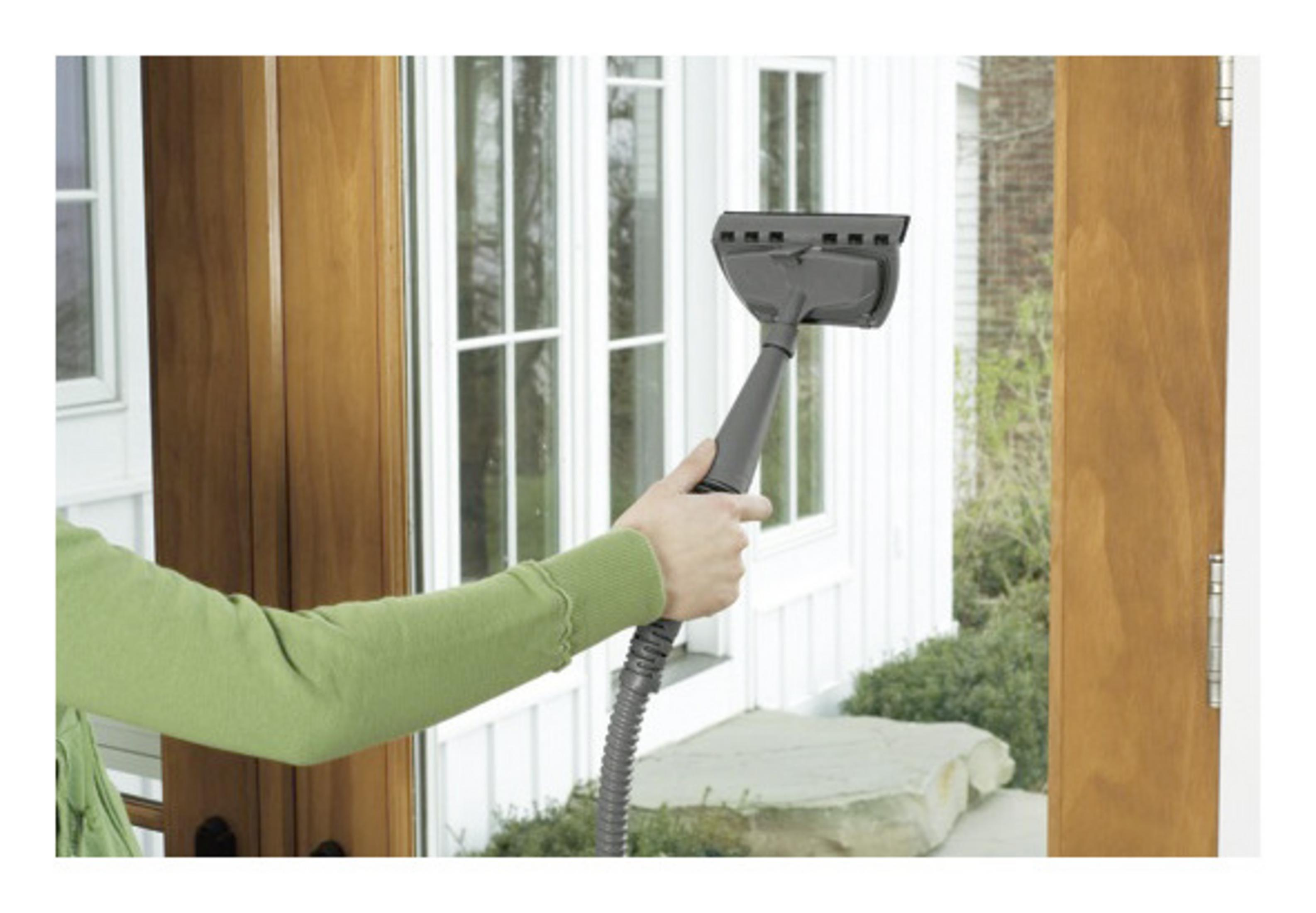 Osoba używa parownicy do drzwi szklanych. Zielona koszula i dom w tle.