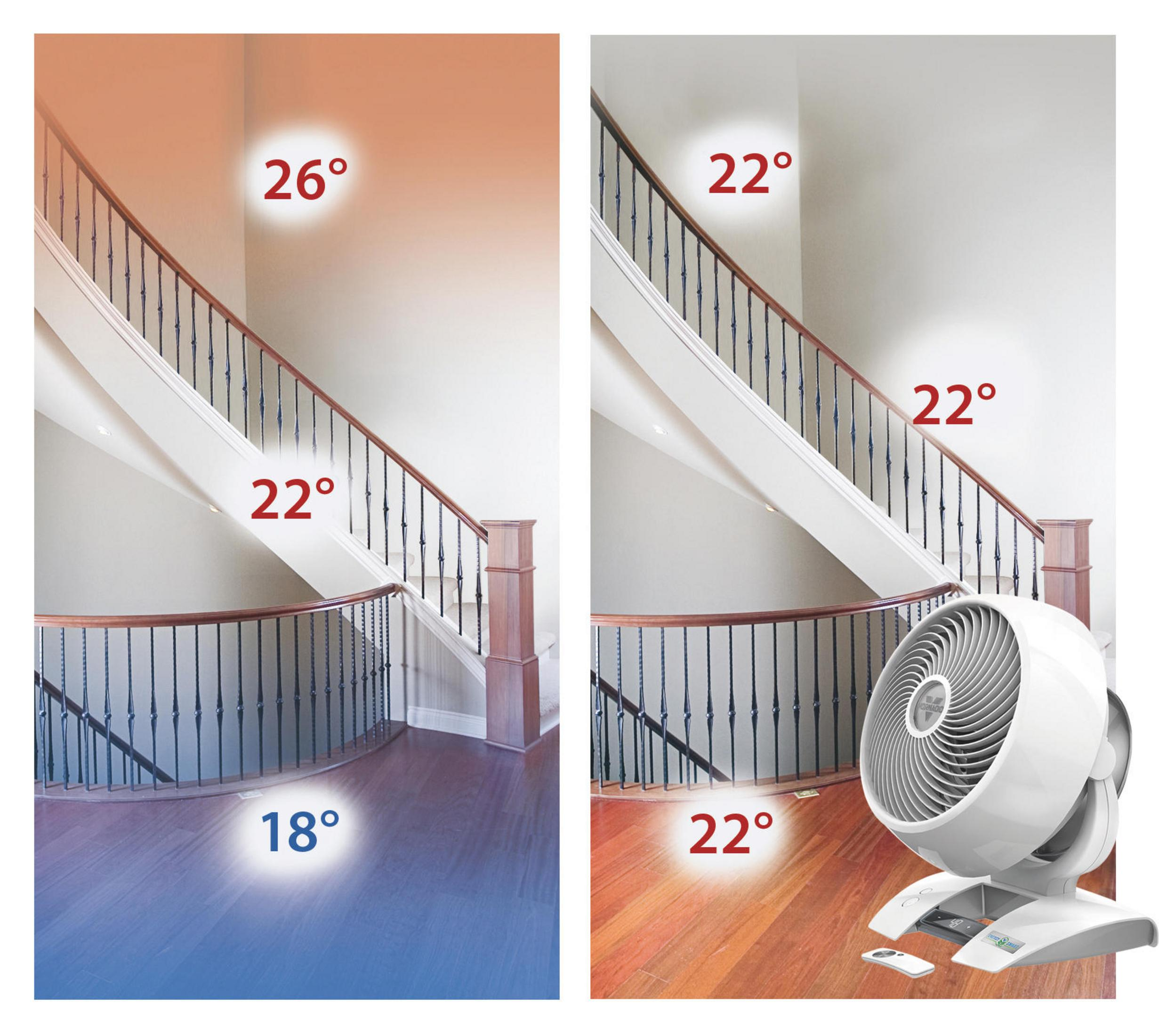 Dwa obrazy pokazujące odczyty temperatury. Jeden pokazuje schody, drugi ma wentylator.
