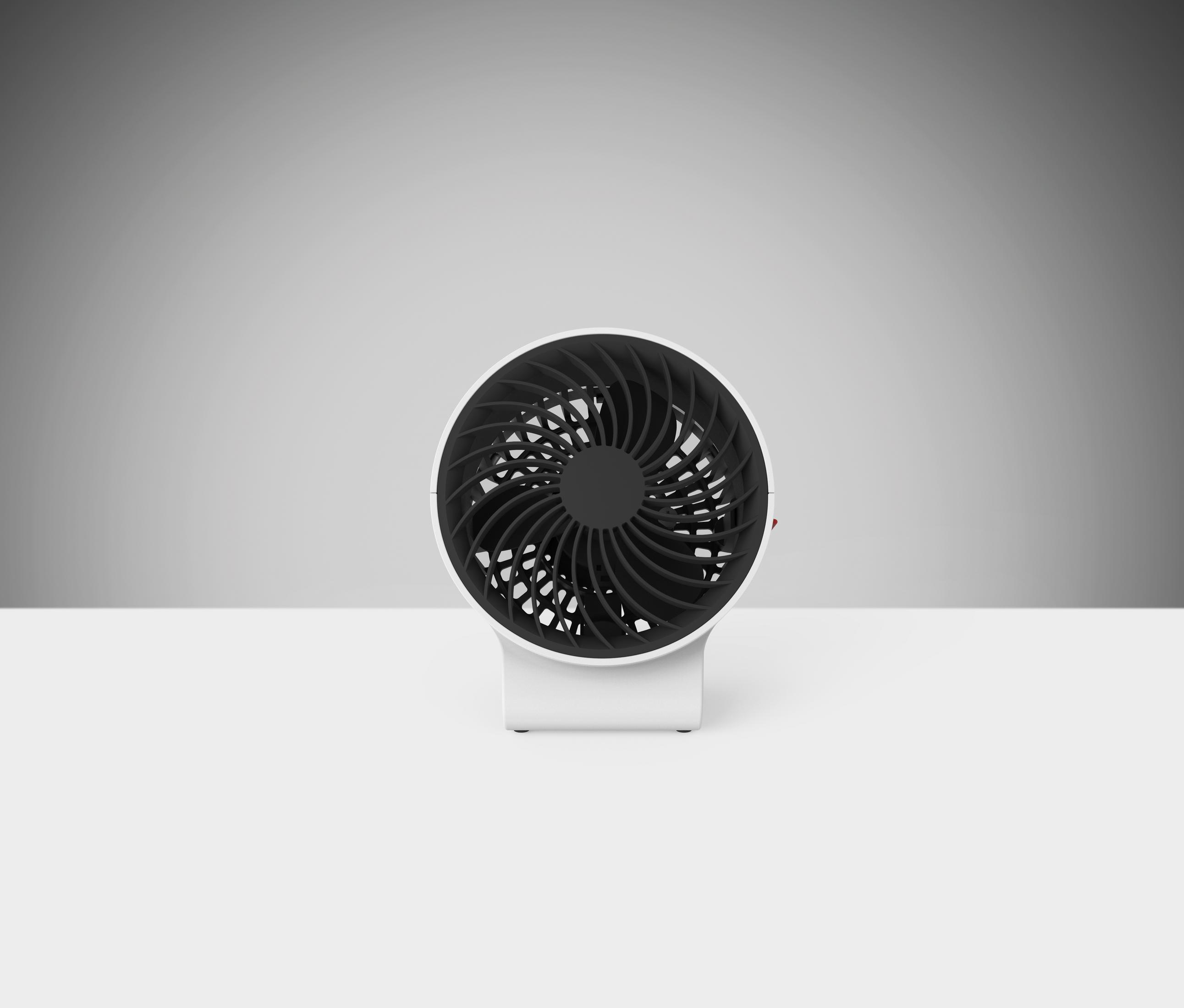Biało-czarny wentylator na białej powierzchni na tle szarego gradientu.
