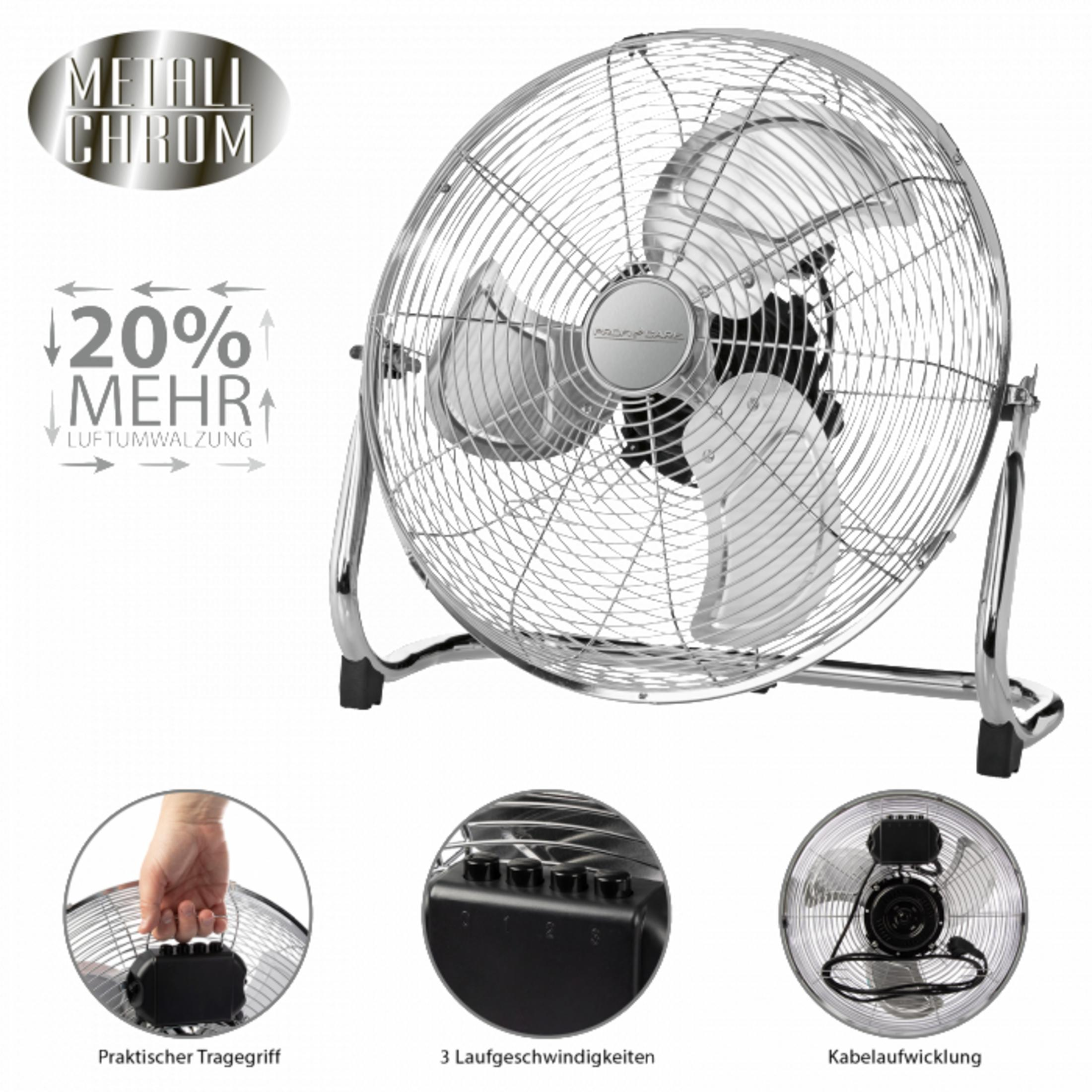 Duży metalowy wentylator ze srebrnymi łopatkami i stojakiem. Tekst i zbliżenia są pokazane.