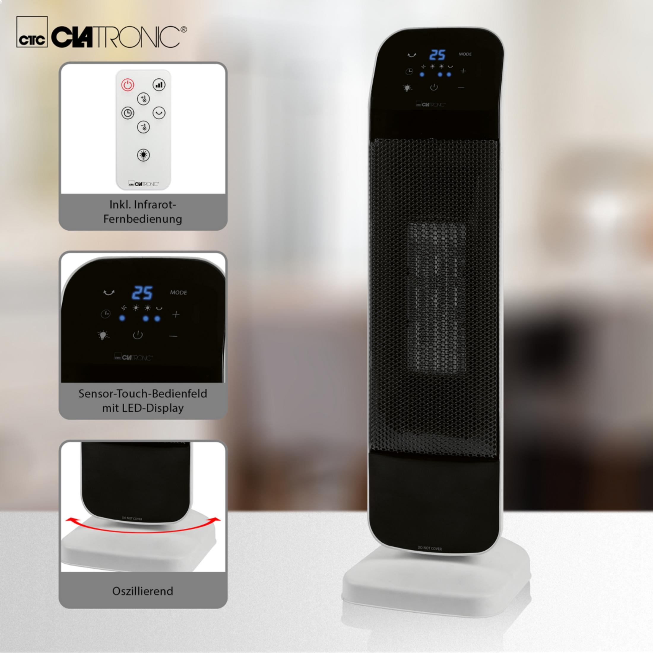 Grzejnik elektryczny Clatronic. Czarny korpus, biała podstawa, z panelem sterowania i pilotem.