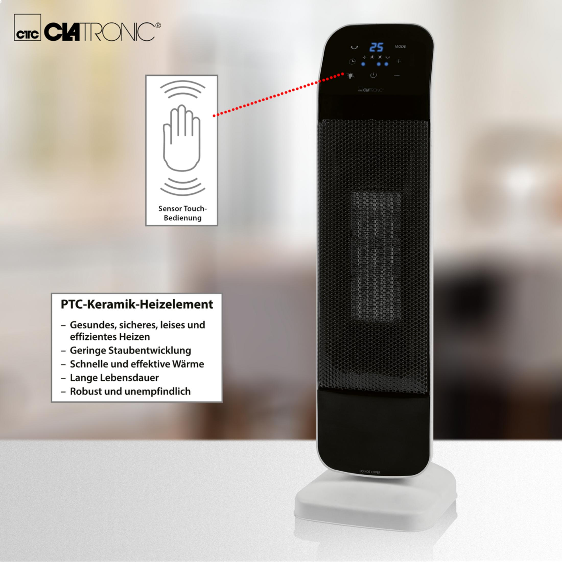 Czarno-biały grzejnik z tekstem. Tekst: PTC-Keramik-Heizelement, Sensor Touch-Bedienung, biała podstawa.