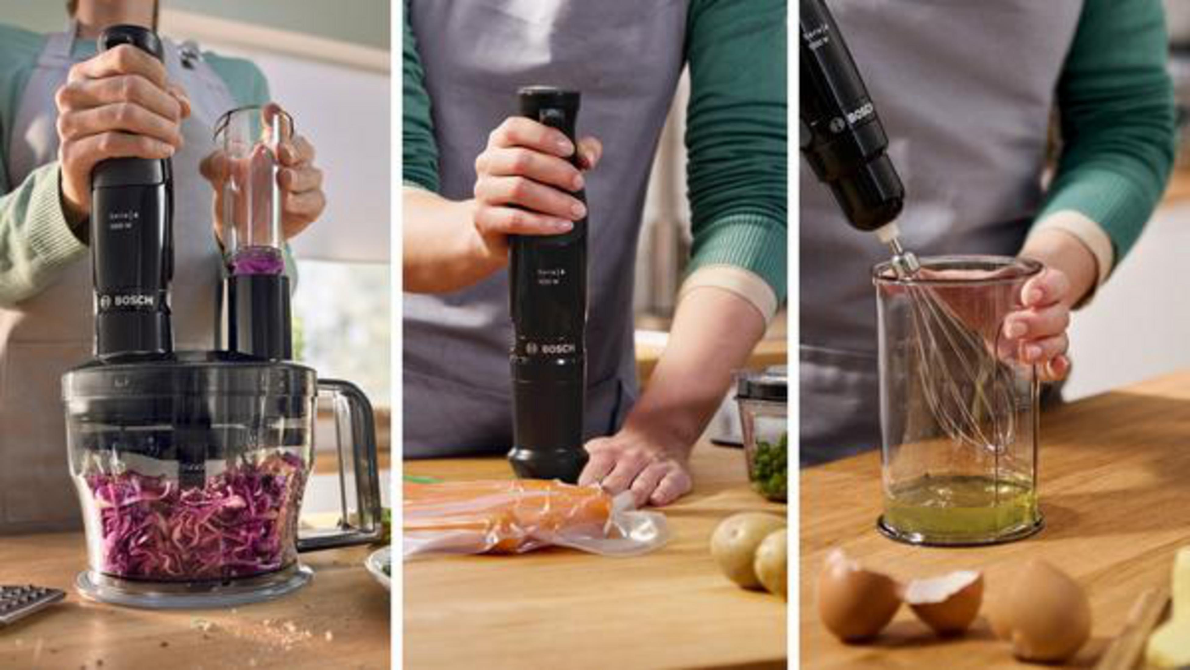 Seria zdjęć pokazująca blender ręczny w użyciu do różnych przygotowań jedzenia.