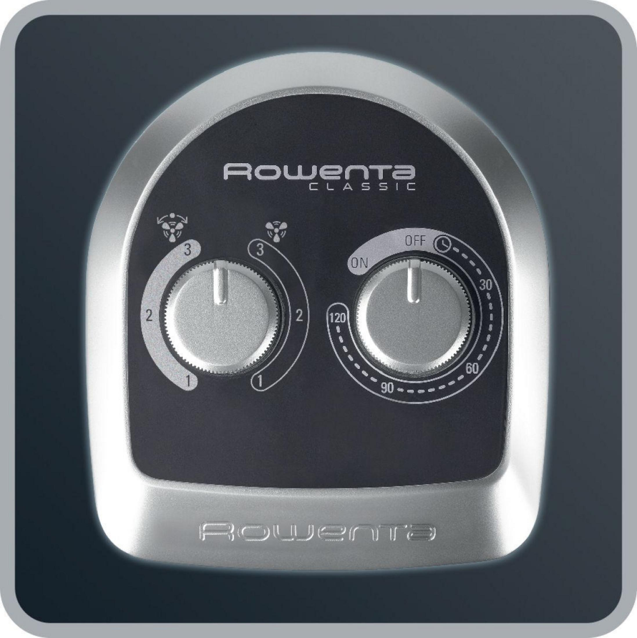 Panel de control del ventilador Rowenta Classic. Dos diales, ajustes velocidad y tiempo, plata.