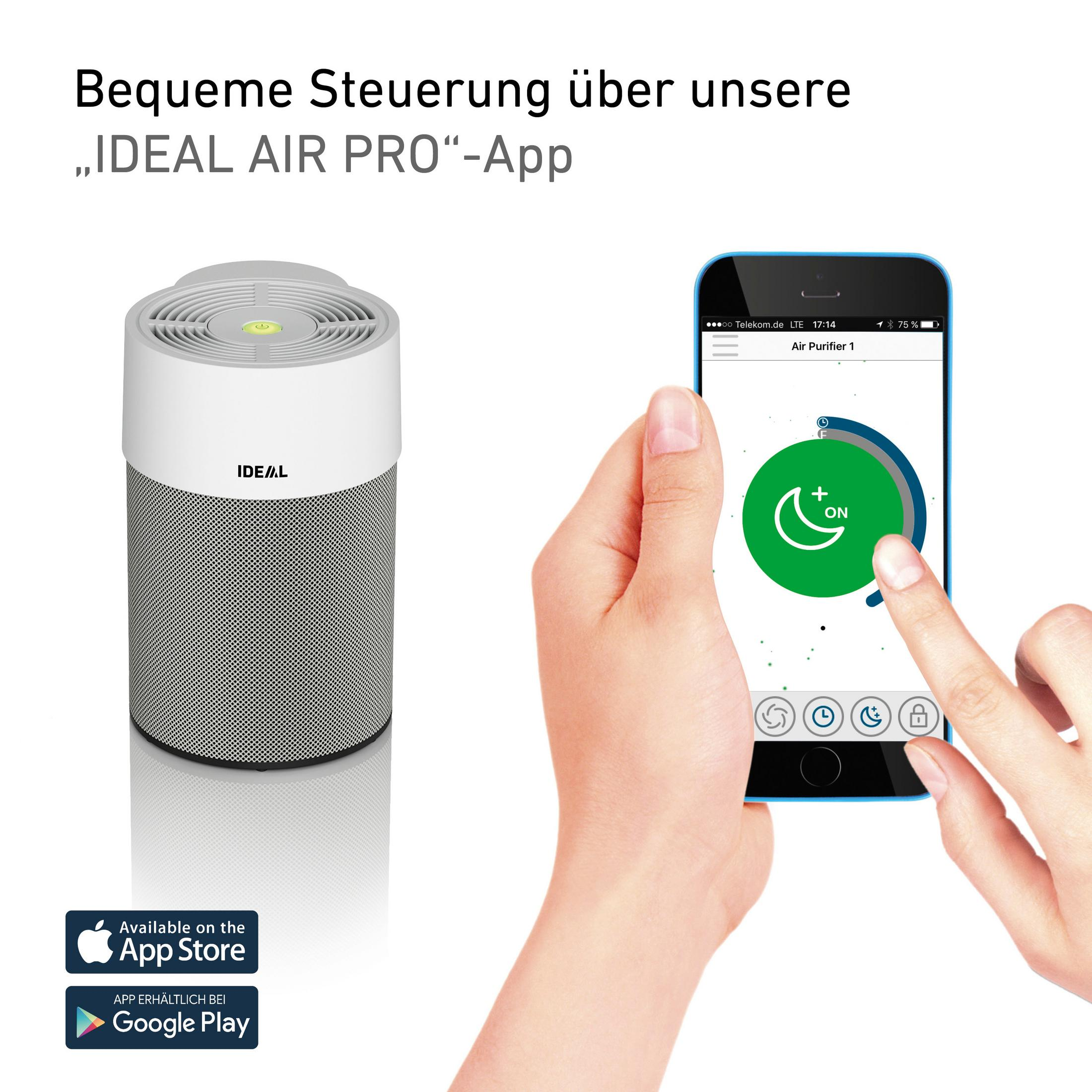 Ein Luftreiniger, ein Smartphone mit App und interagierenden Händen sowie App-Store-Logos.