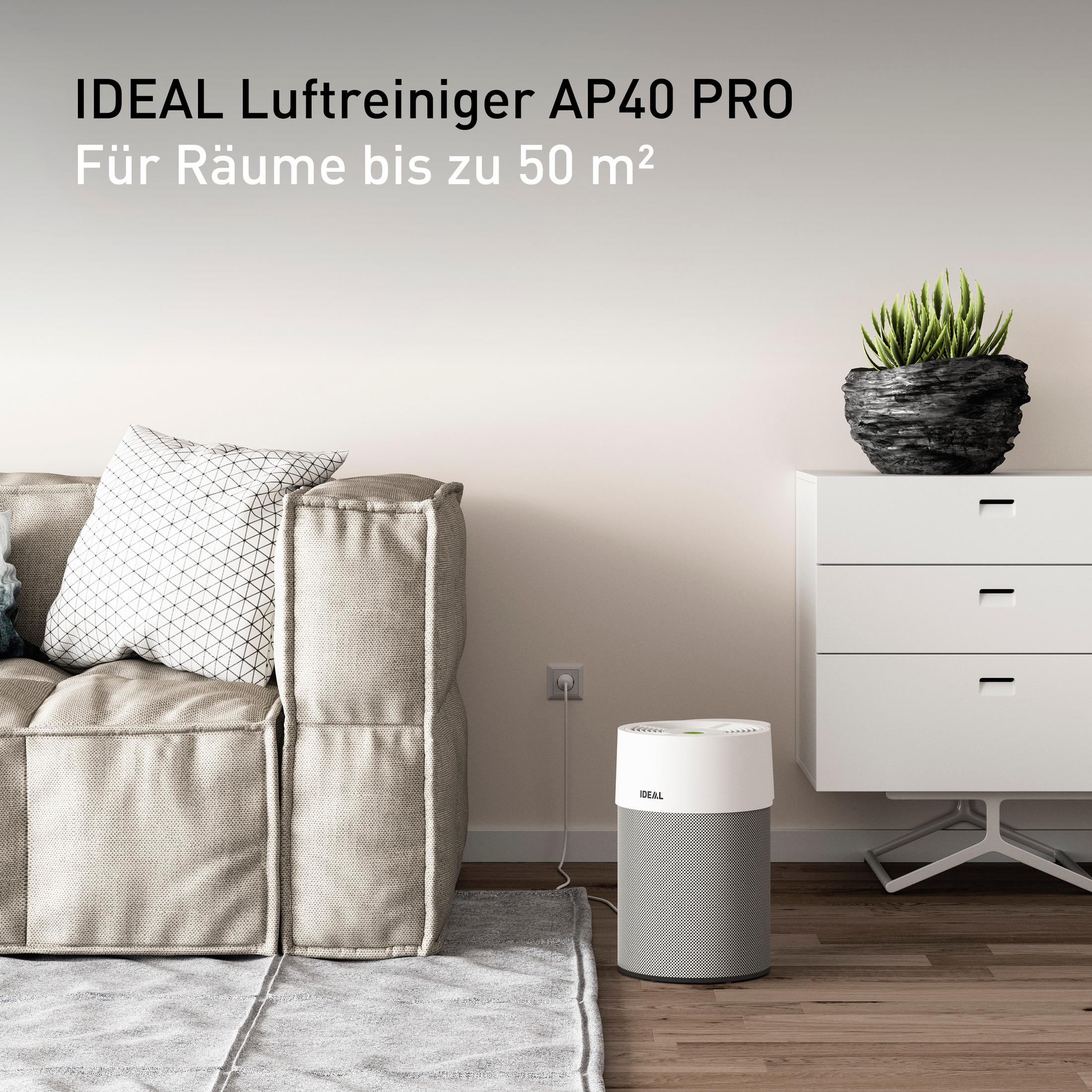 Luftreiniger in einem Wohnzimmer. Der Text auf dem Bild lautet 'IDEAL Luftreiniger AP40 PRO'.