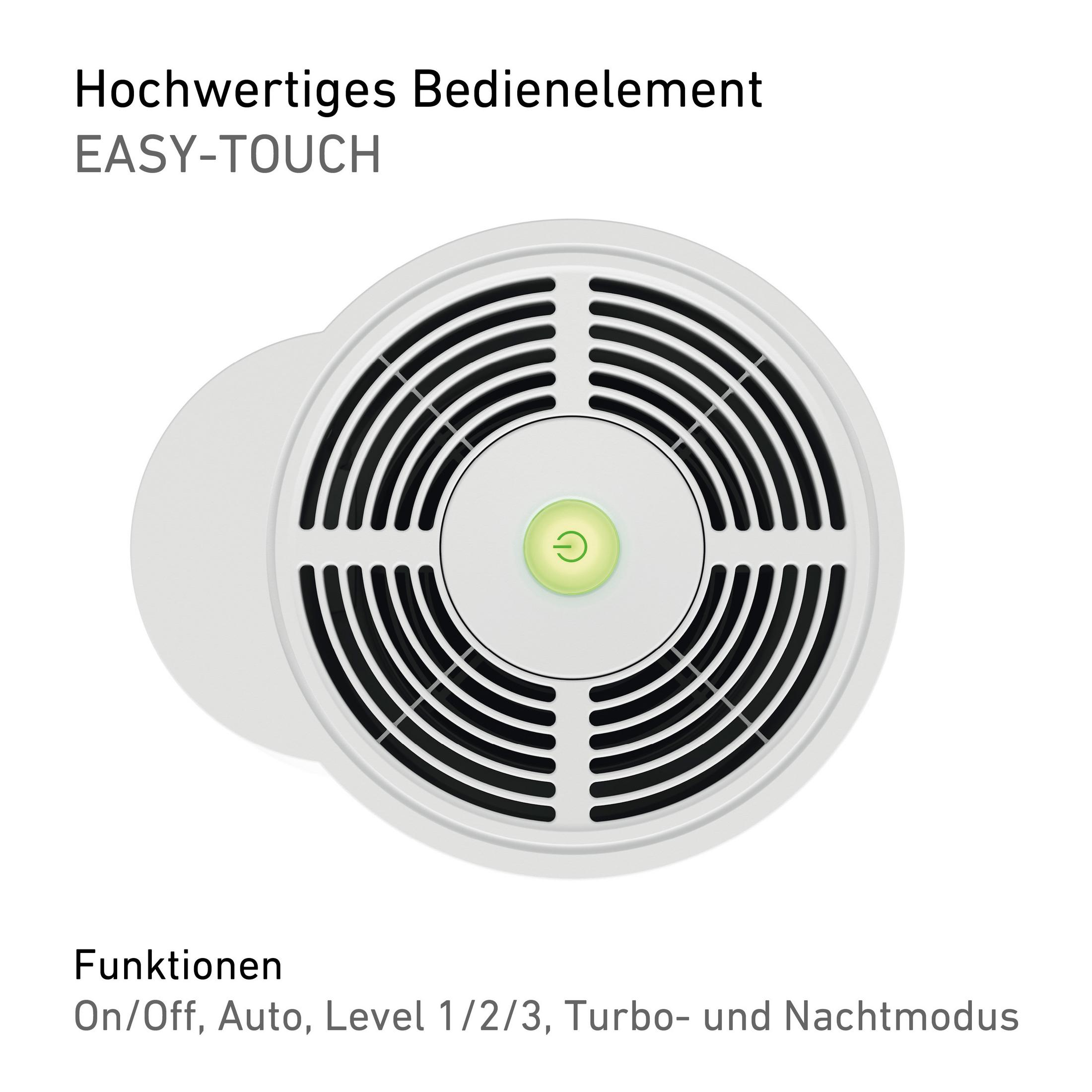Ein weißer Luftreiniger von oben, mit einem grünen Einschaltknopf und schwarzen Lüftungsschlitzen. Weißer Hintergrund.