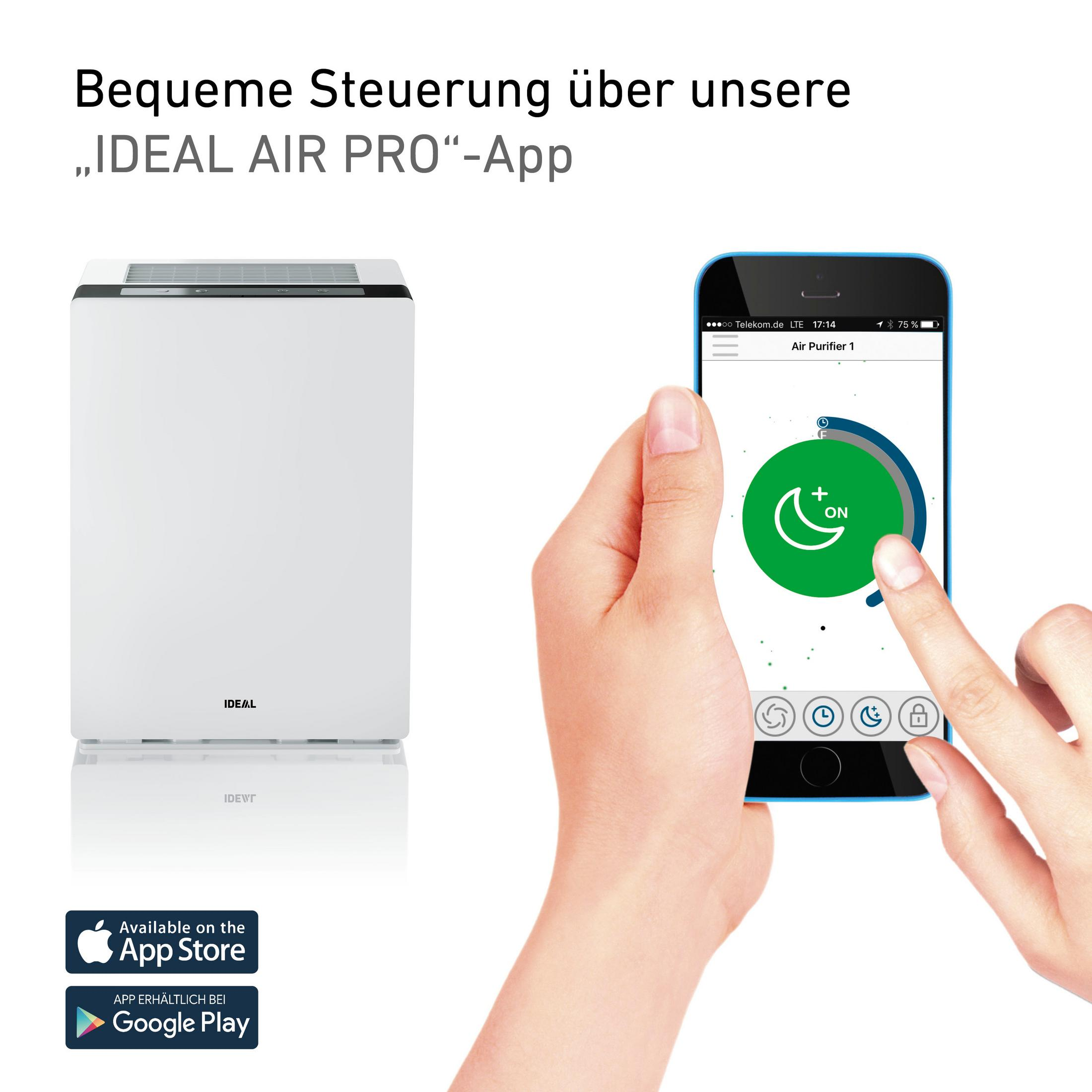 Weißer Luftreiniger mit Handy, App wird gezeigt. Erhältlich im App Store und Google Play.