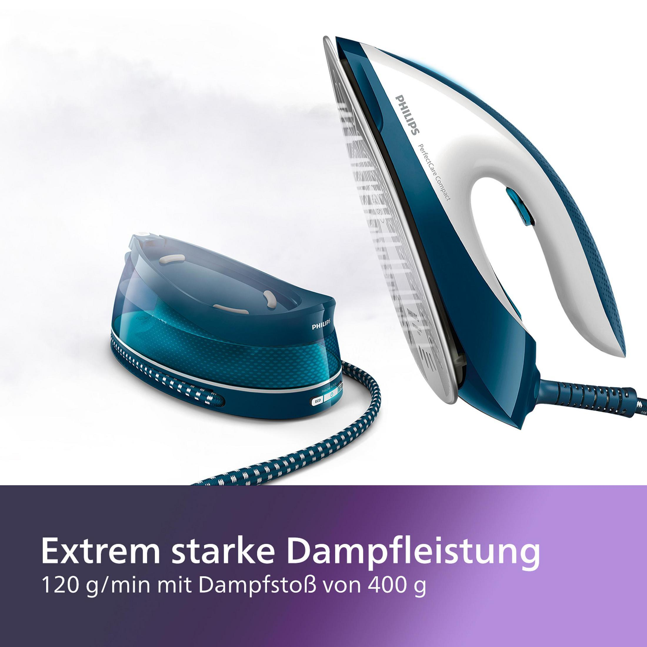 Philips iron and base with steam rising. Text: 'Extrem starke Dampfleistung' (Strong Steam Power).