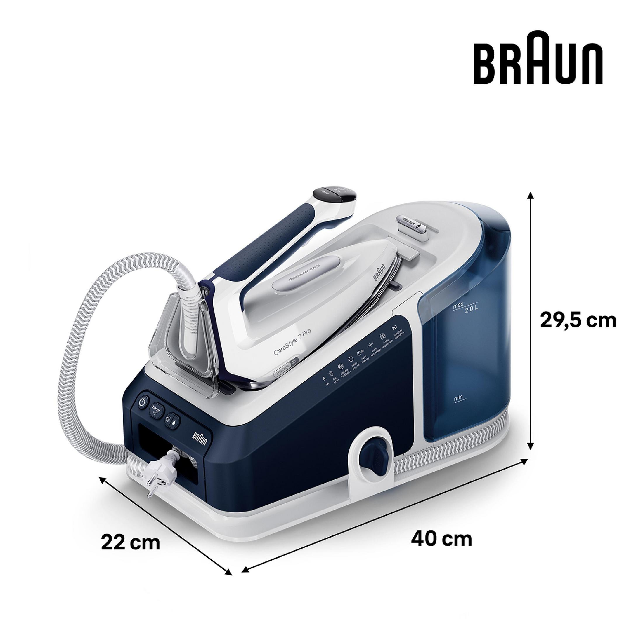 Braun CareStyle 7 Pro iron, dark blue and white, with measurements and dimensions.