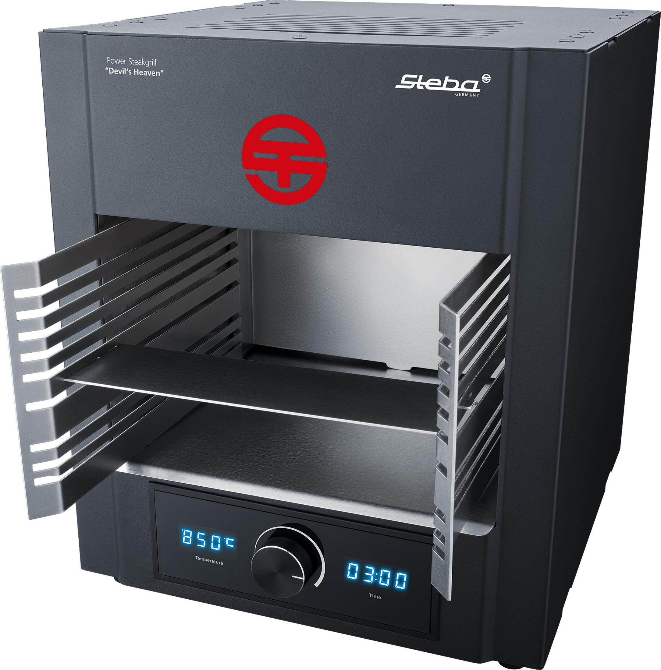 Dunkelgrauer Steba Power Steakgrill mit geöffneten Türen, Grillrosten und Bedienfeld.