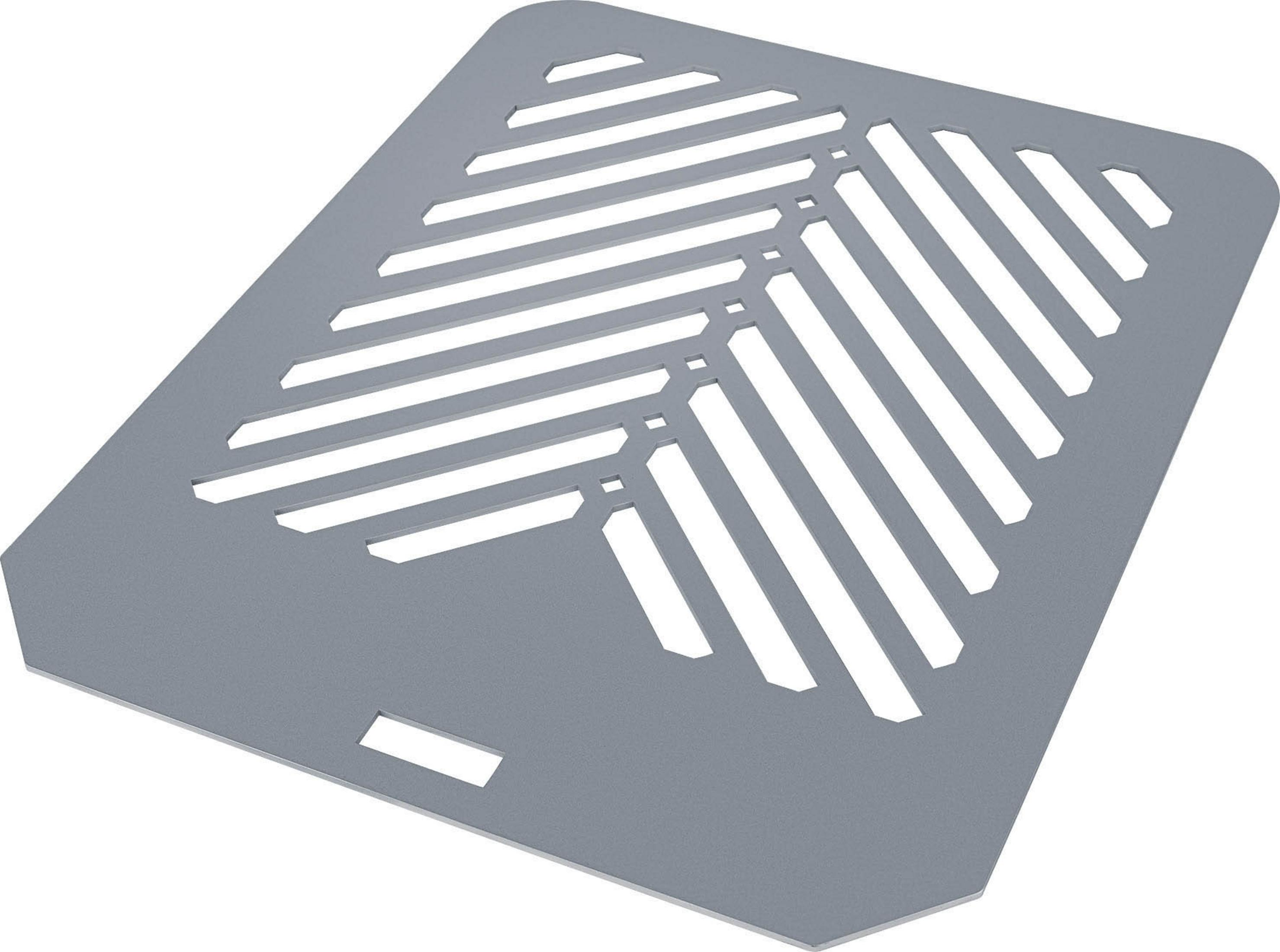 Grauer Grill mit geometrischem Design, auf weißer Oberfläche, mit Aussparung für Griff.