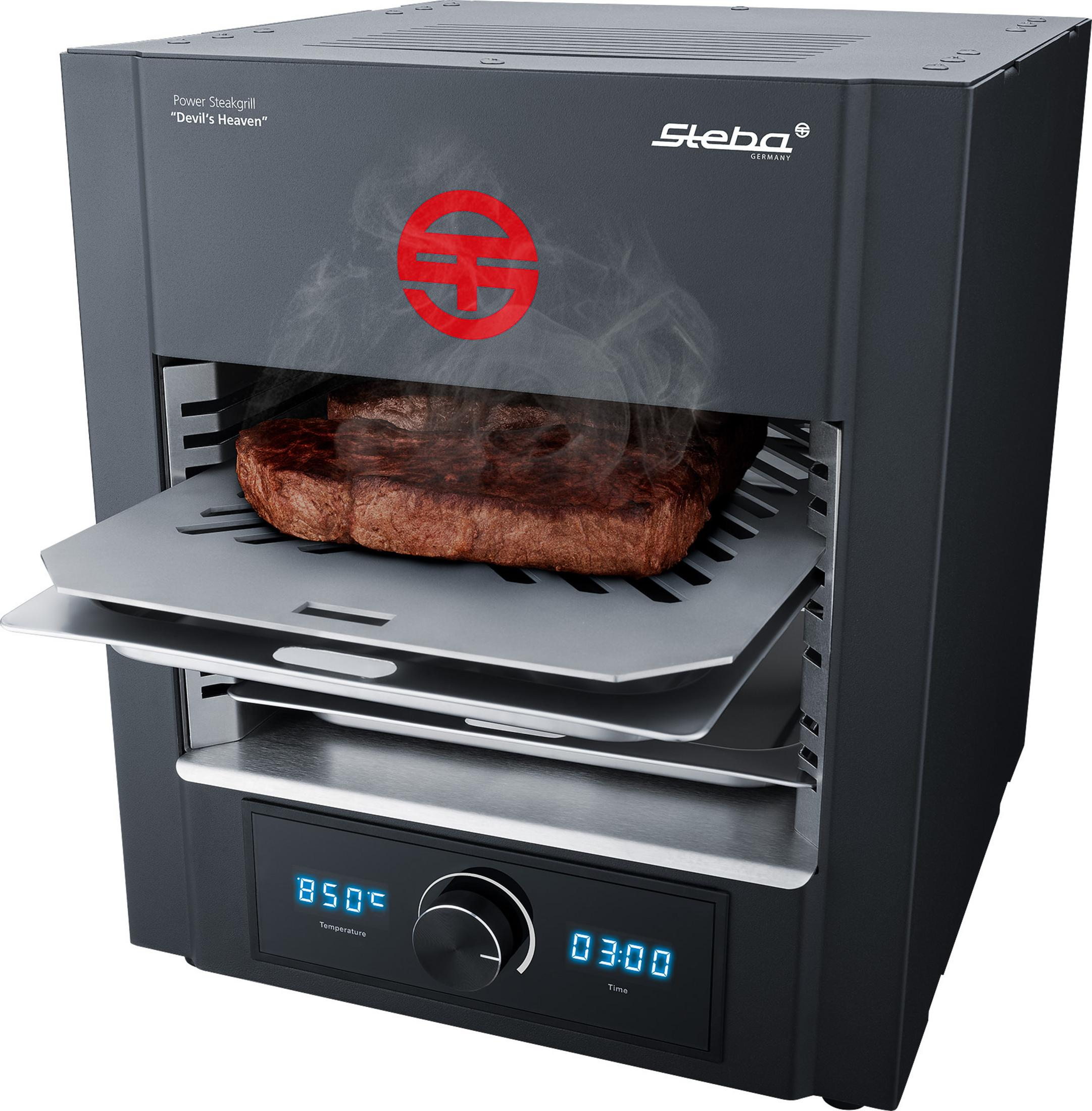 Steakgrill mit Steak, mit digitaler Anzeige von Temperatur und Zeit.