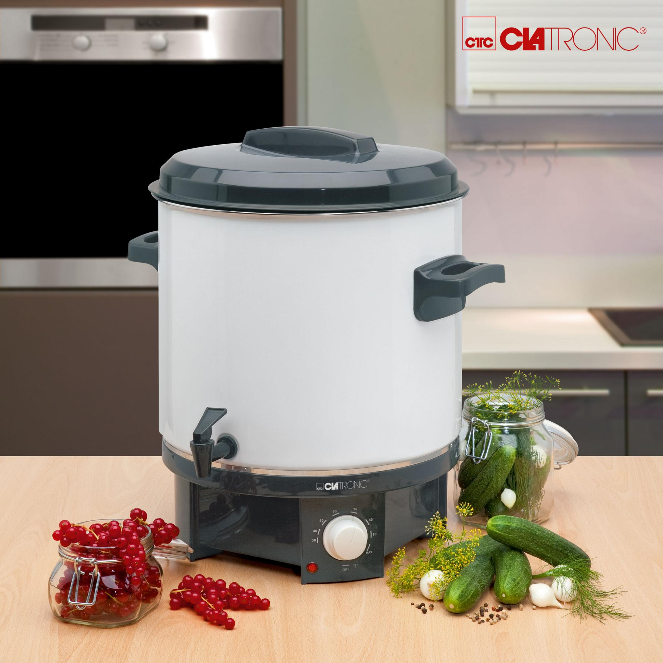 Einmachmaschine mit Gewürzgurken, roten Johannisbeeren und Dill. Die Maschine ist in der Küche.
