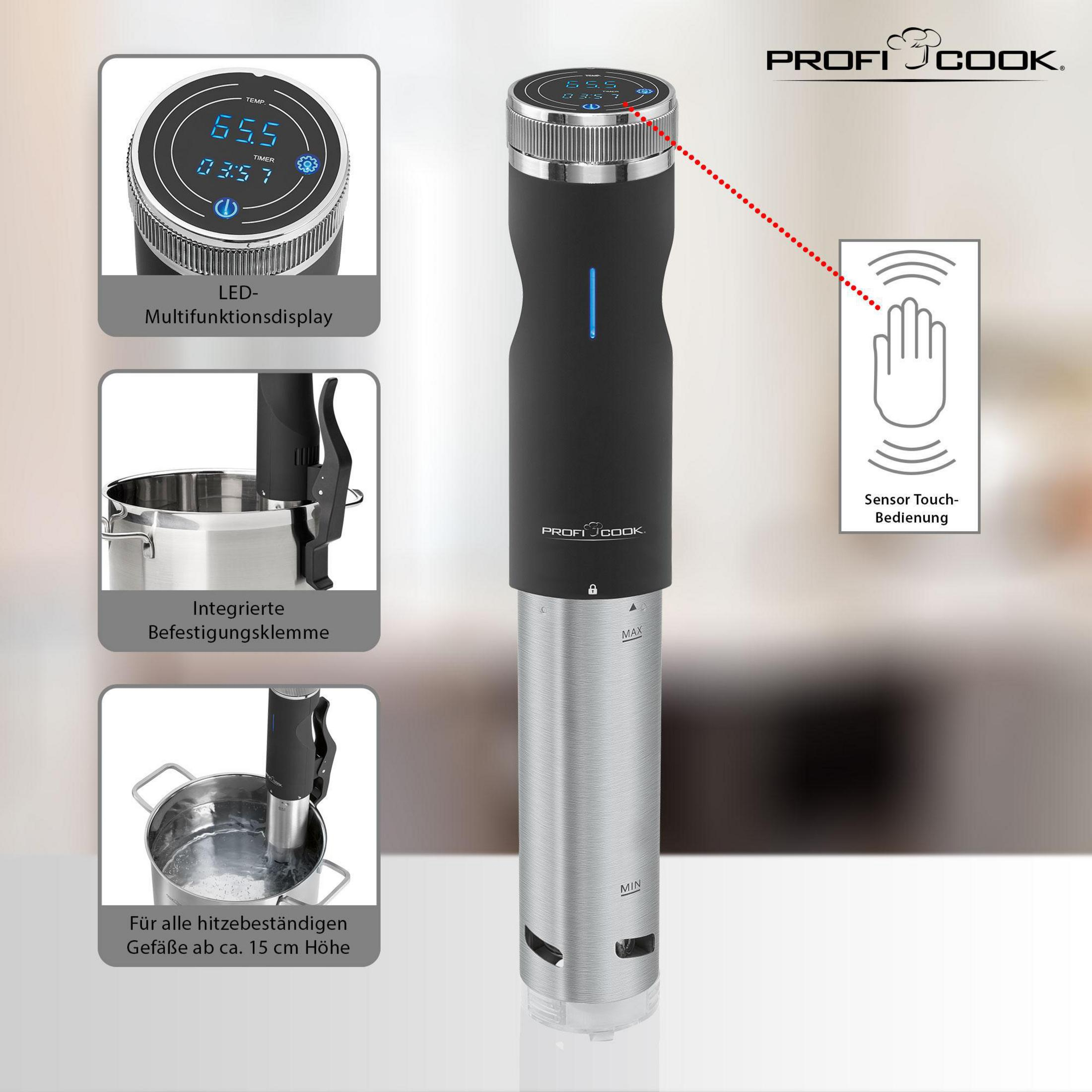 Circolatore a immersione Profi Cook nero e argento, con display digitale e pannello di controllo.
