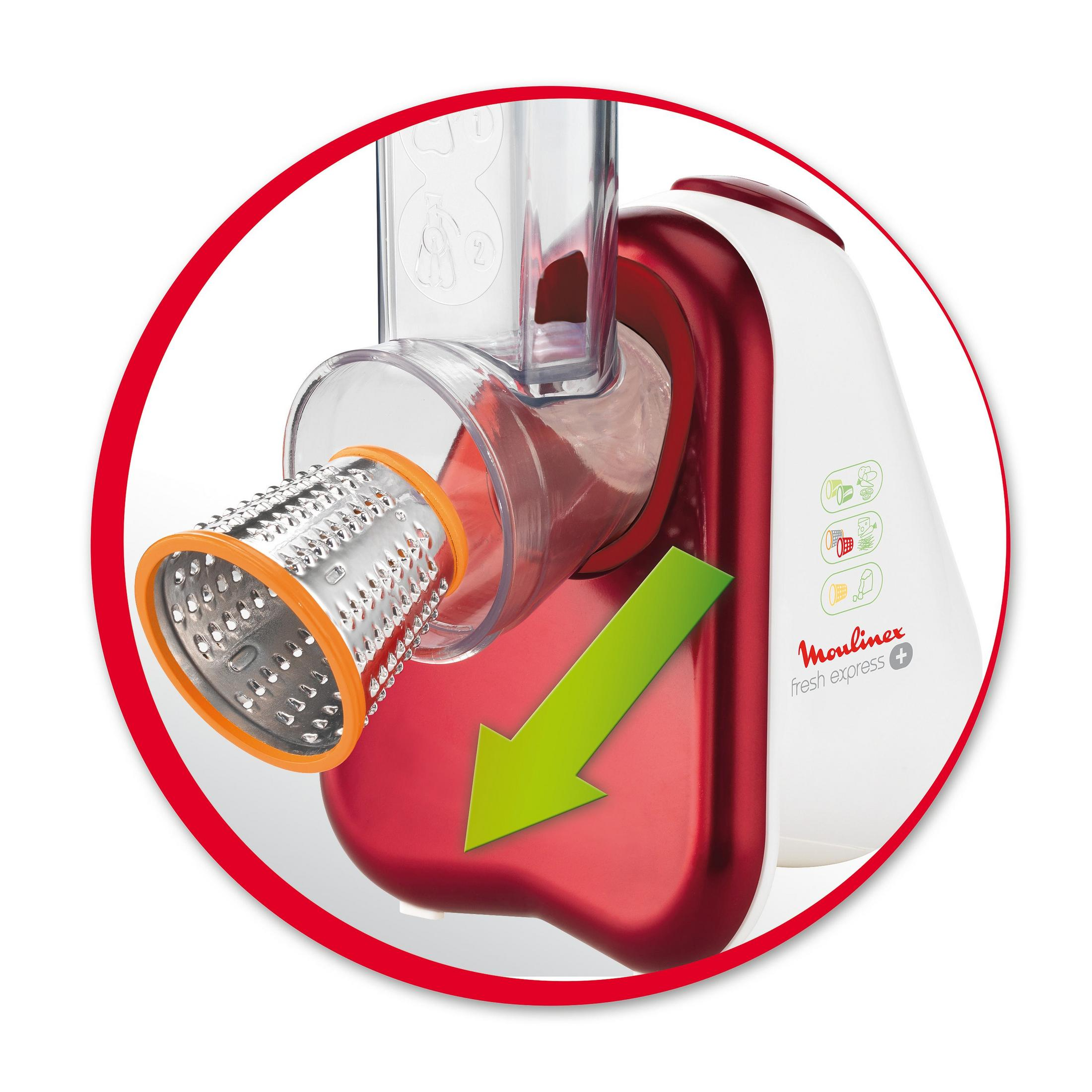 Moulinex-Küchenmaschine, rot und weiß, mit Reibevorsatz.
