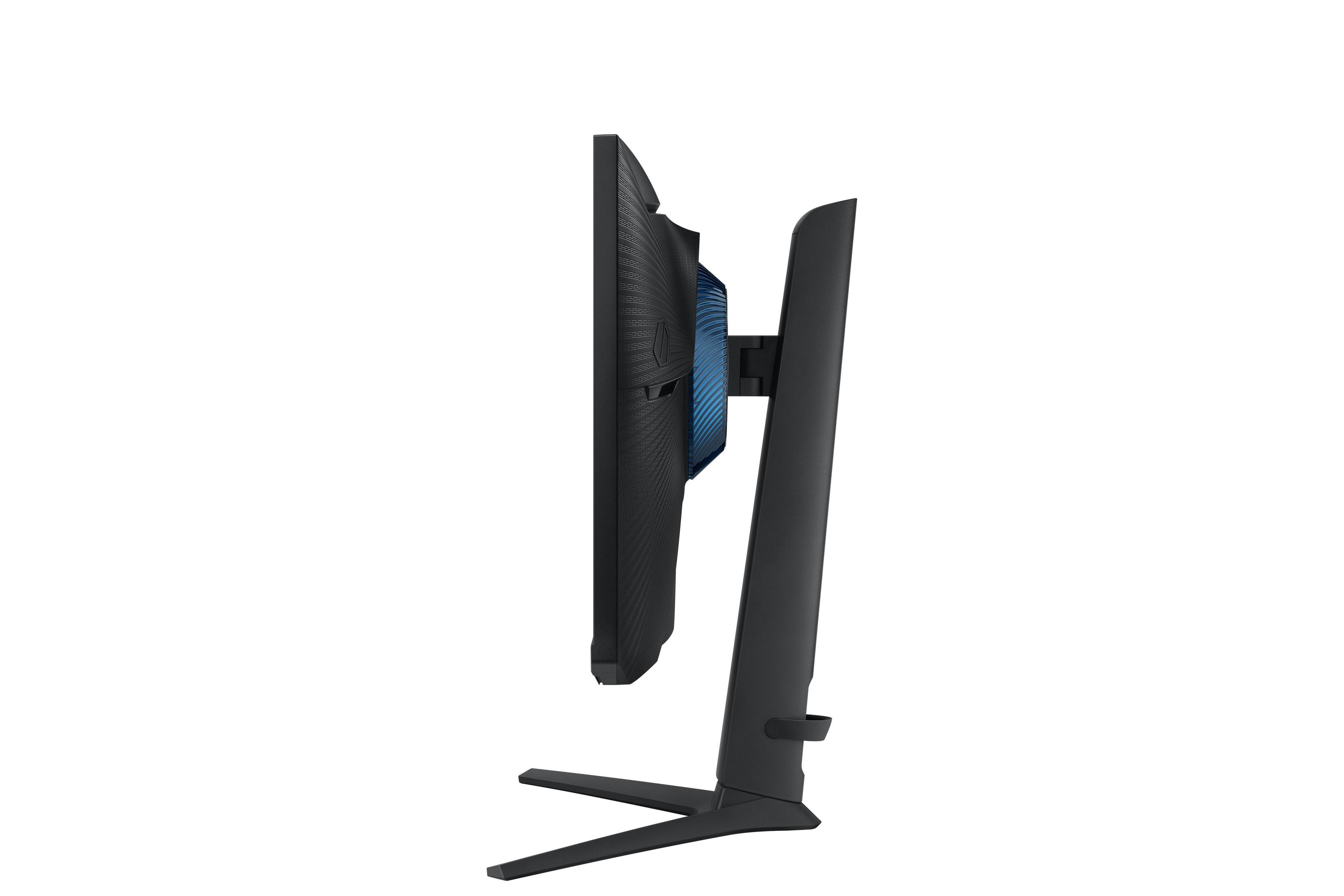 Zijaanzicht van een zwarte computermonitor met een standaard op een witte achtergrond.