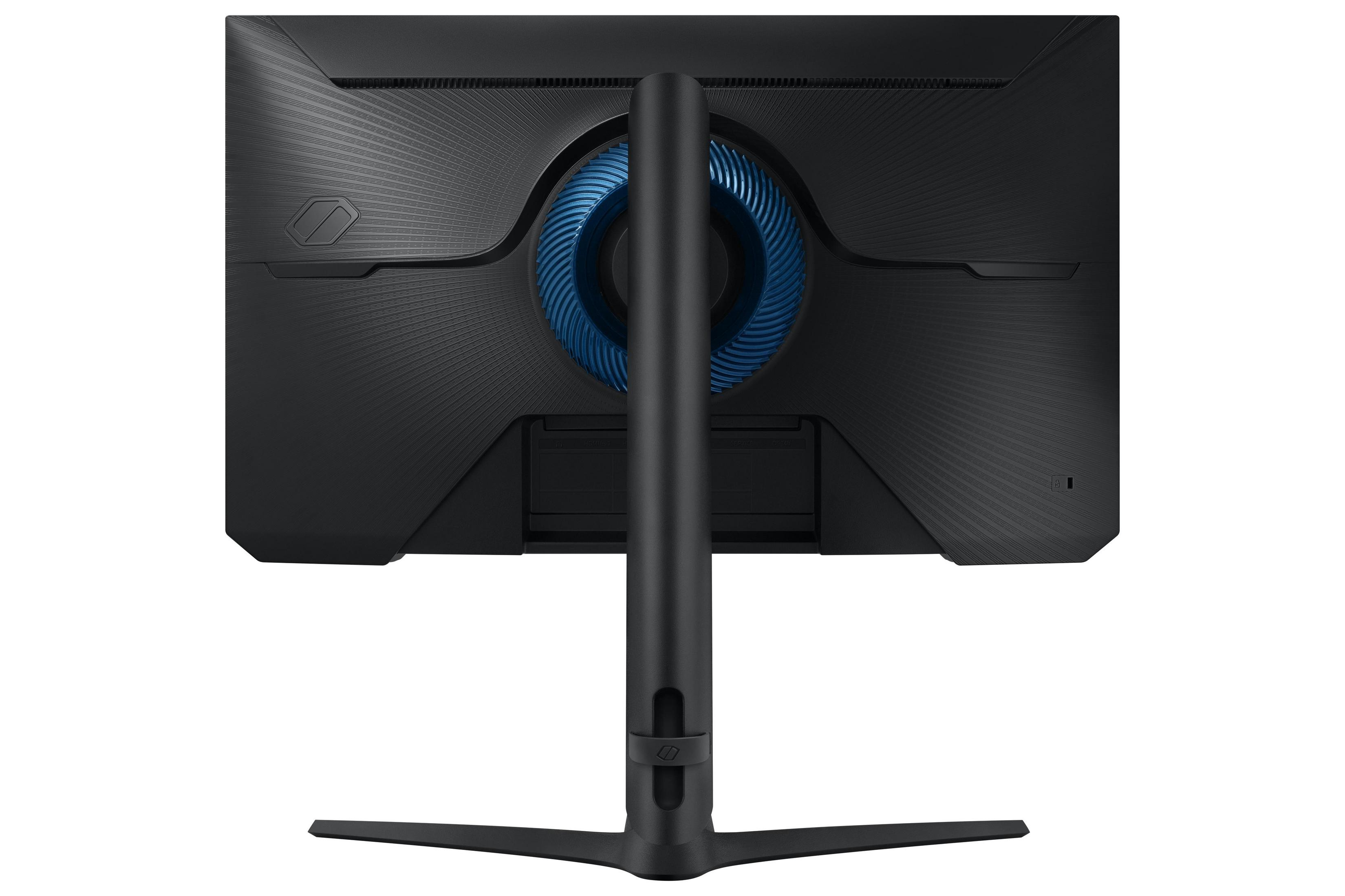 Achteraanzicht van een zwarte gaming monitor met een blauw en zwart design.