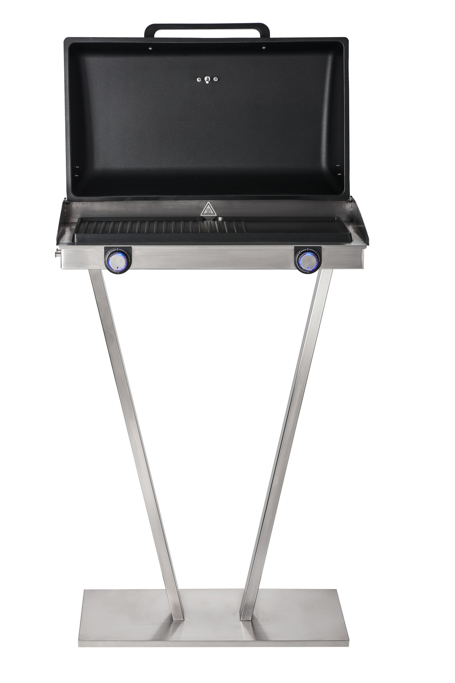 Grill ze stali nierdzewnej, otwarty, z czarną pokrywą i powierzchnią do gotowania.