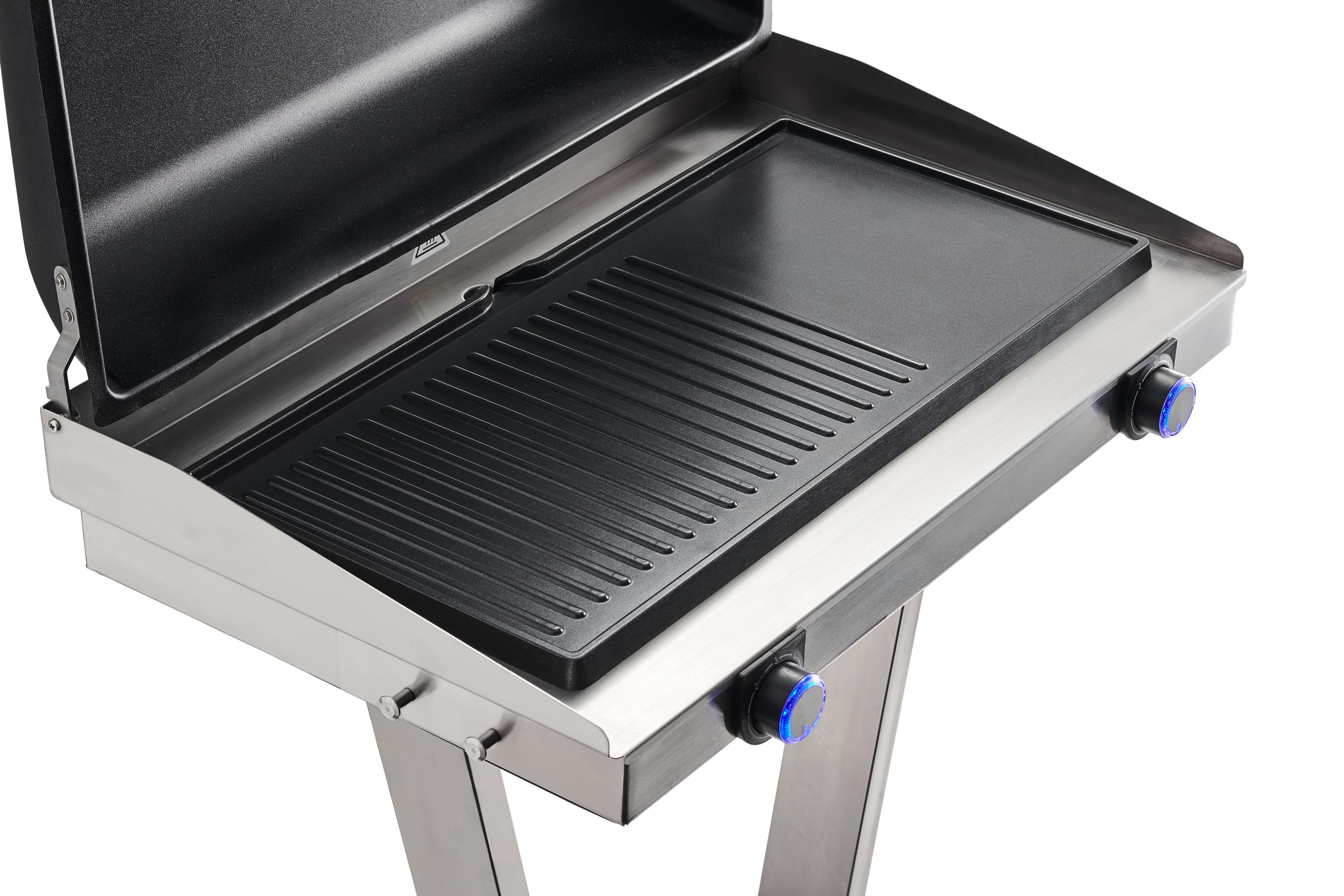 Grill z czarną powierzchnią do gotowania, otwarty i dwa niebieskie pokrętła sterowania.