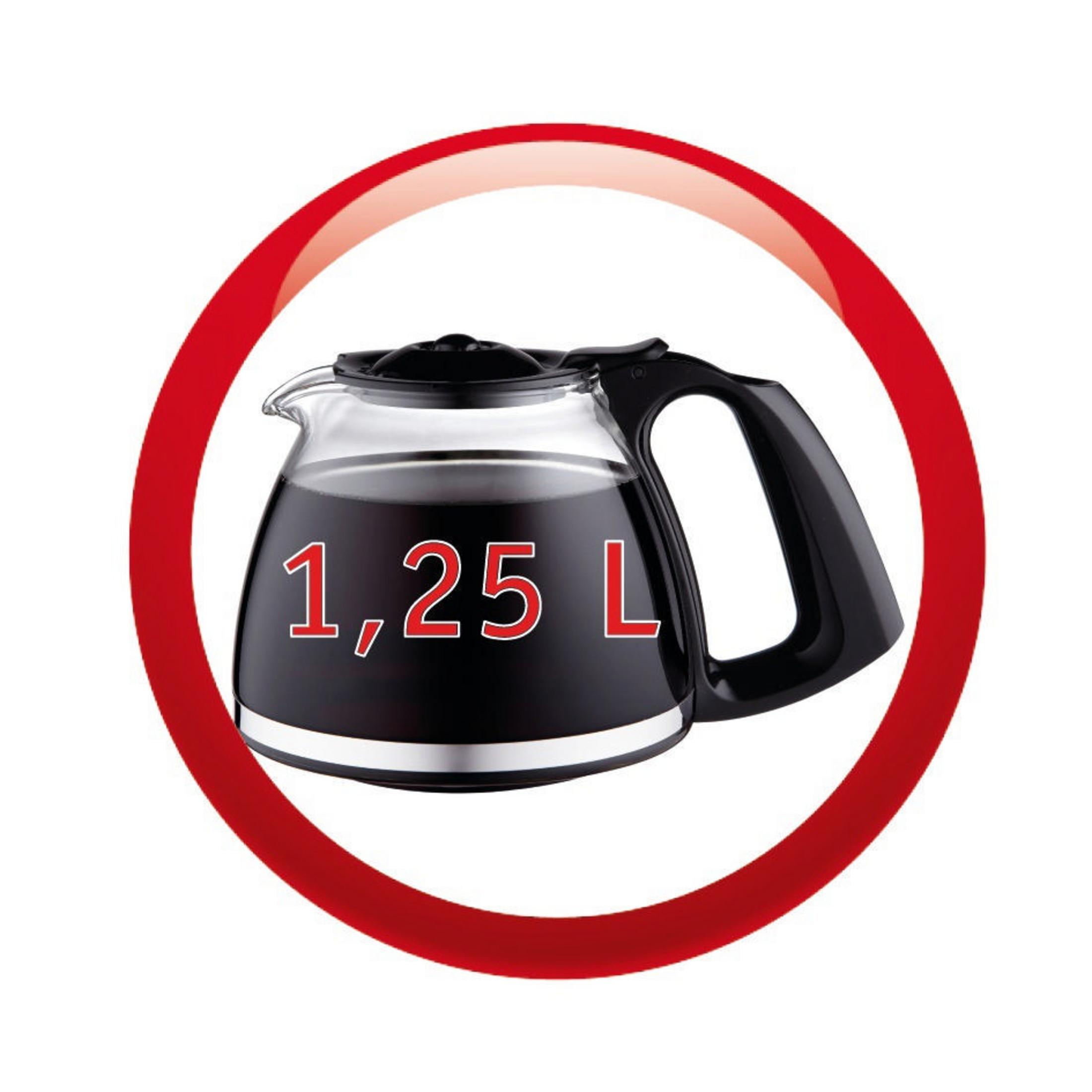 Przezroczysta szklana karafka do kawy z kawą w środku. Czerwone koło wokół.