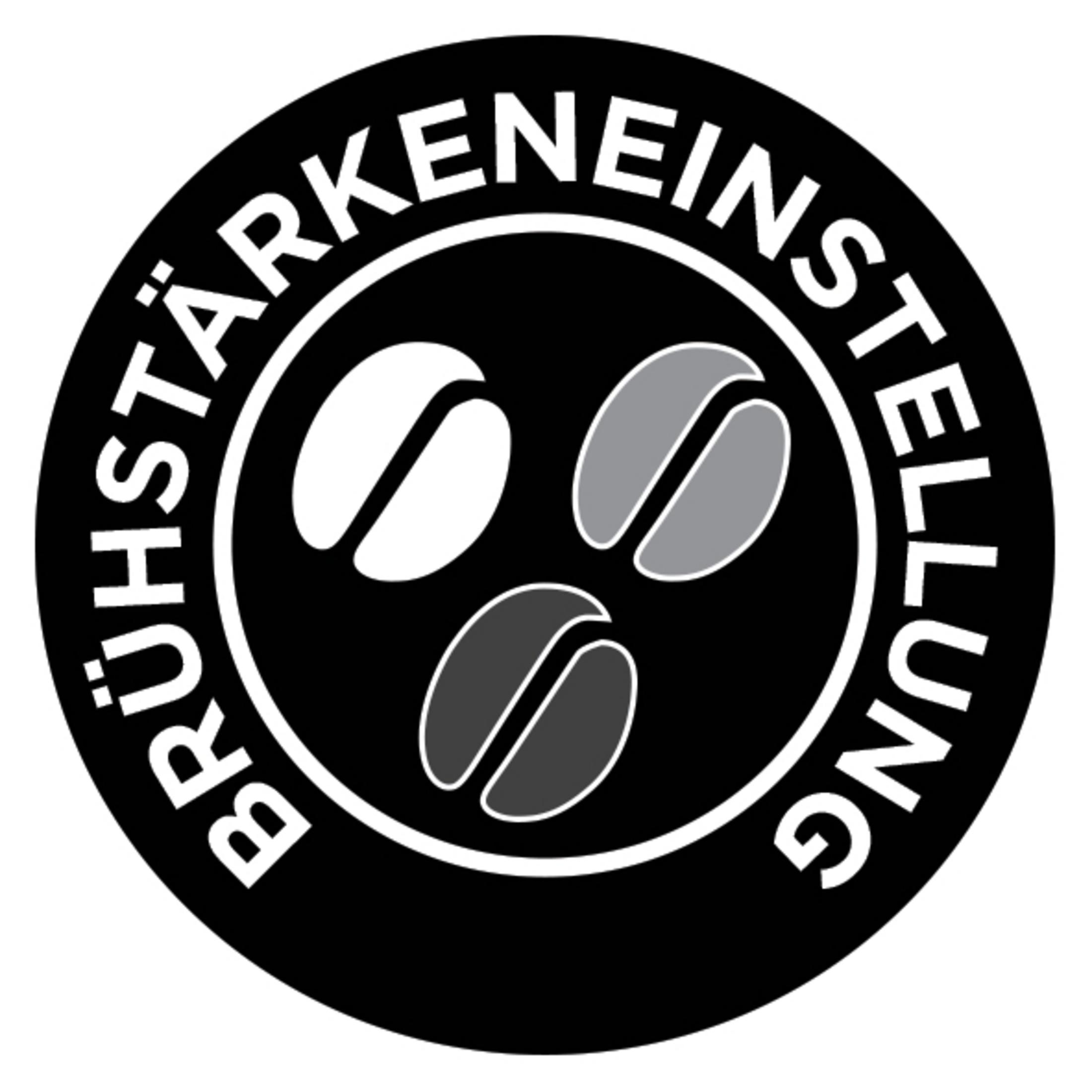 Czarne koło z napisem 'BRÜHSTARKEINSTELLUNG' wokół trzech ikon ziaren kawy w białym kole.