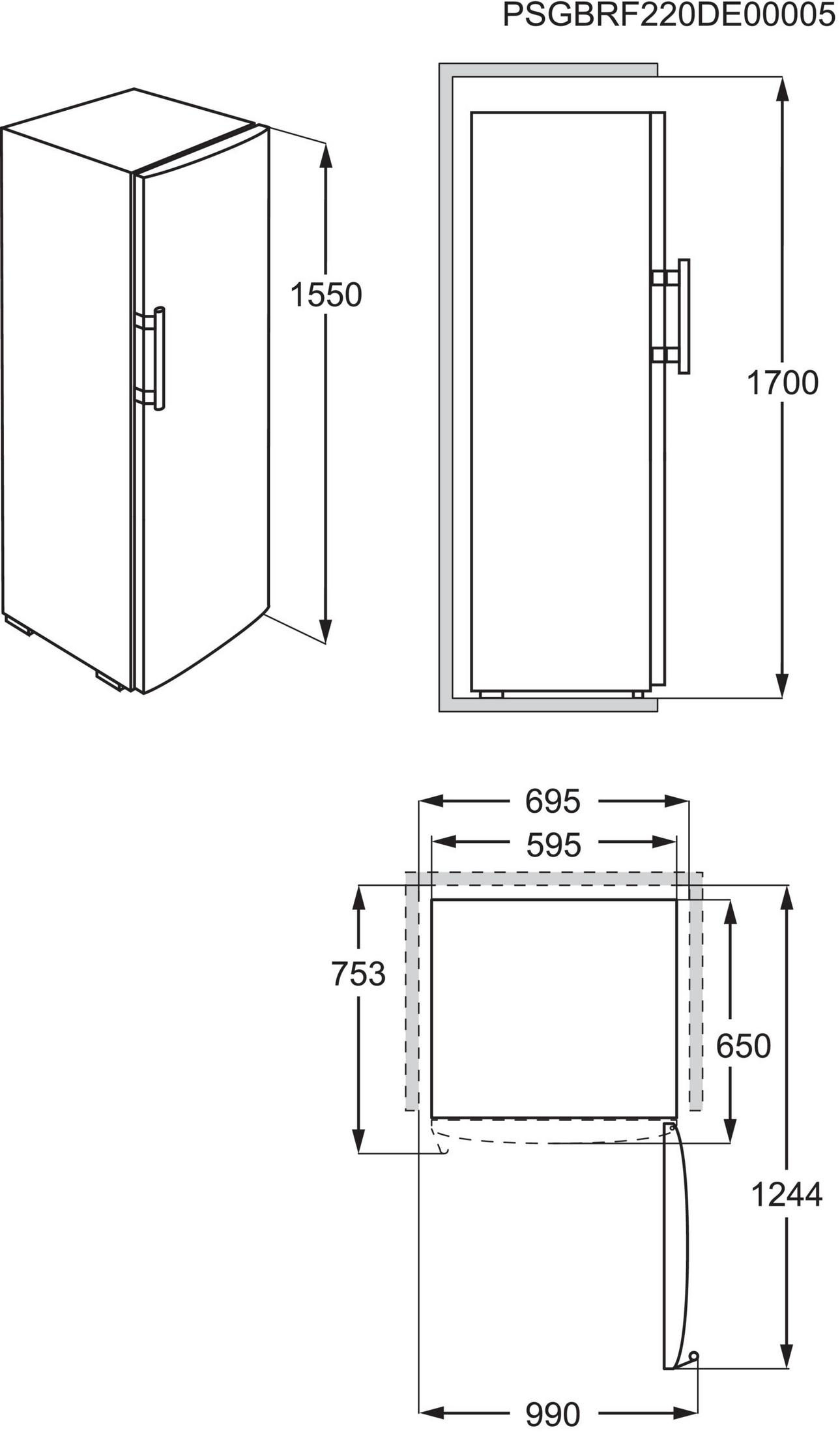Diagramm eines Kühlschranks mit Abmessungen und Beschriftungen.