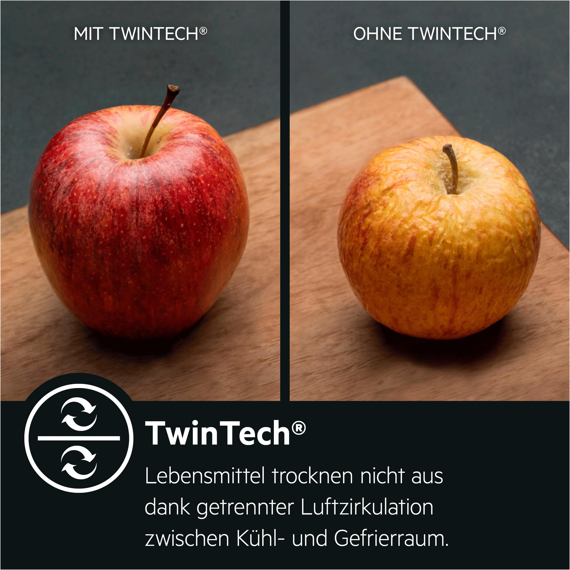 Porównanie jabłka z TwinTech i bez. Pokazuje różnice w kolorze i fakturze.