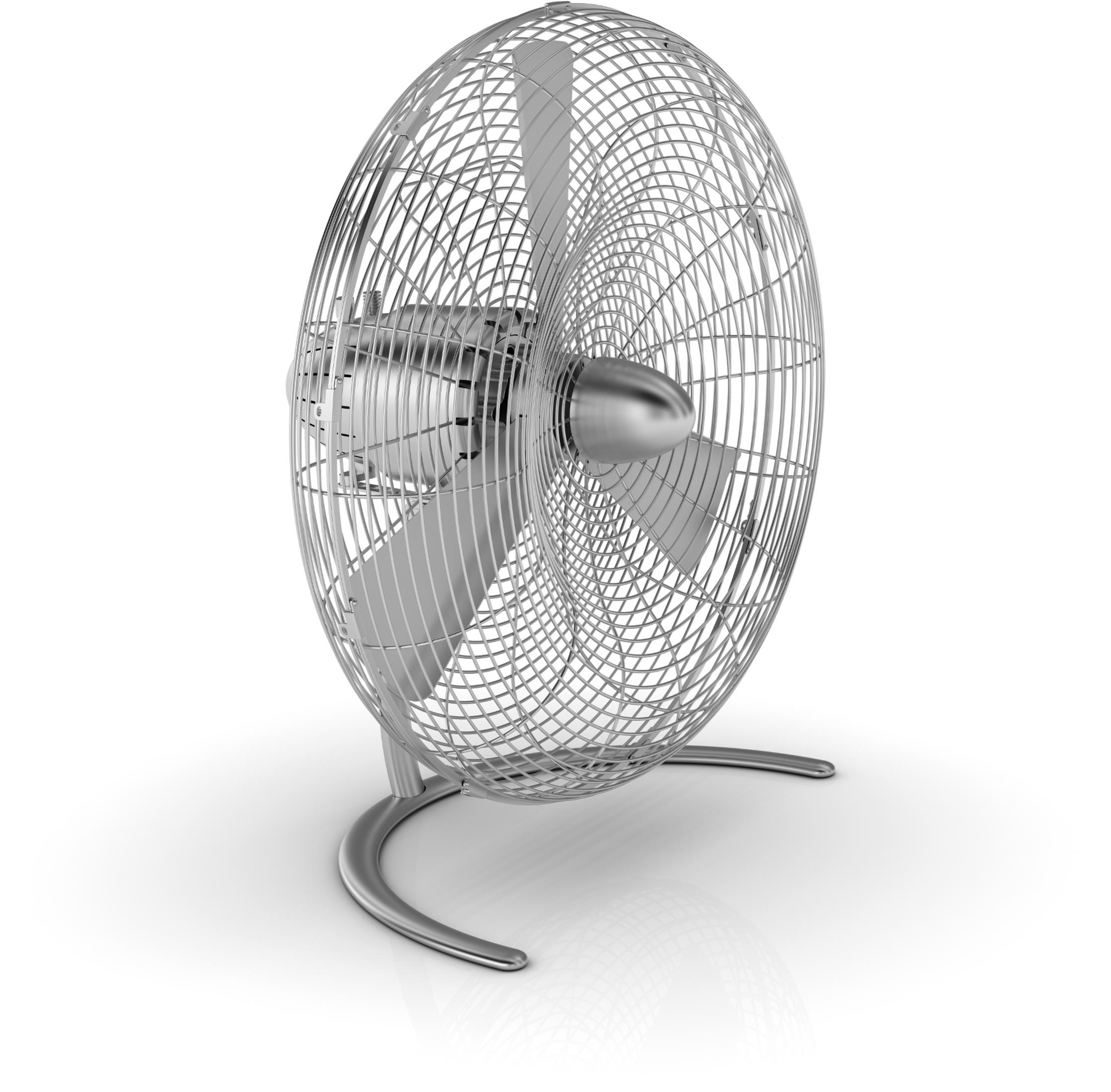 Ventilateur de bureau argenté avec base incurvée. Le ventilateur a une grille circulaire.
