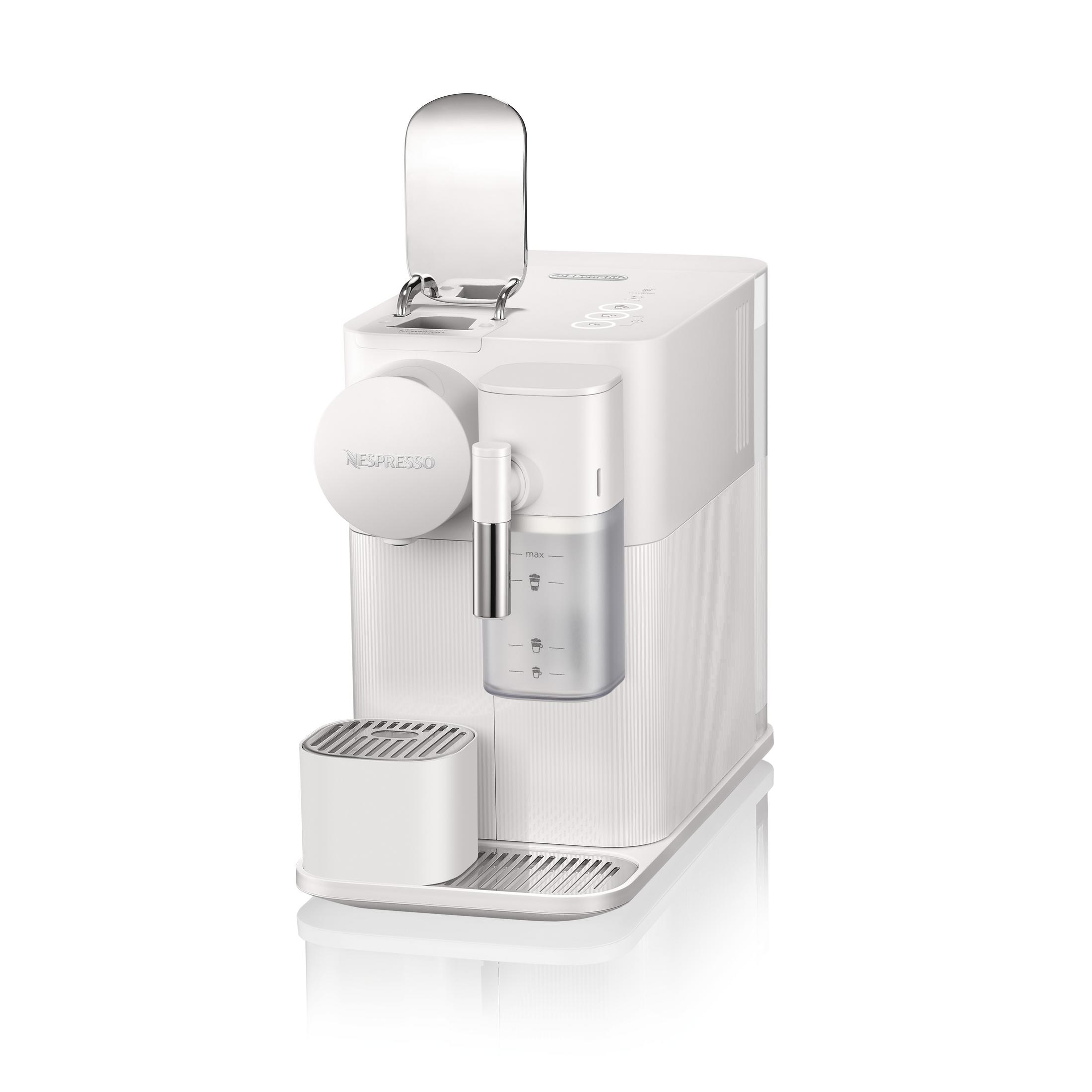 Cafetera Nespresso blanca con tapa abierta. Con depósito de agua y contenedor de cápsulas.