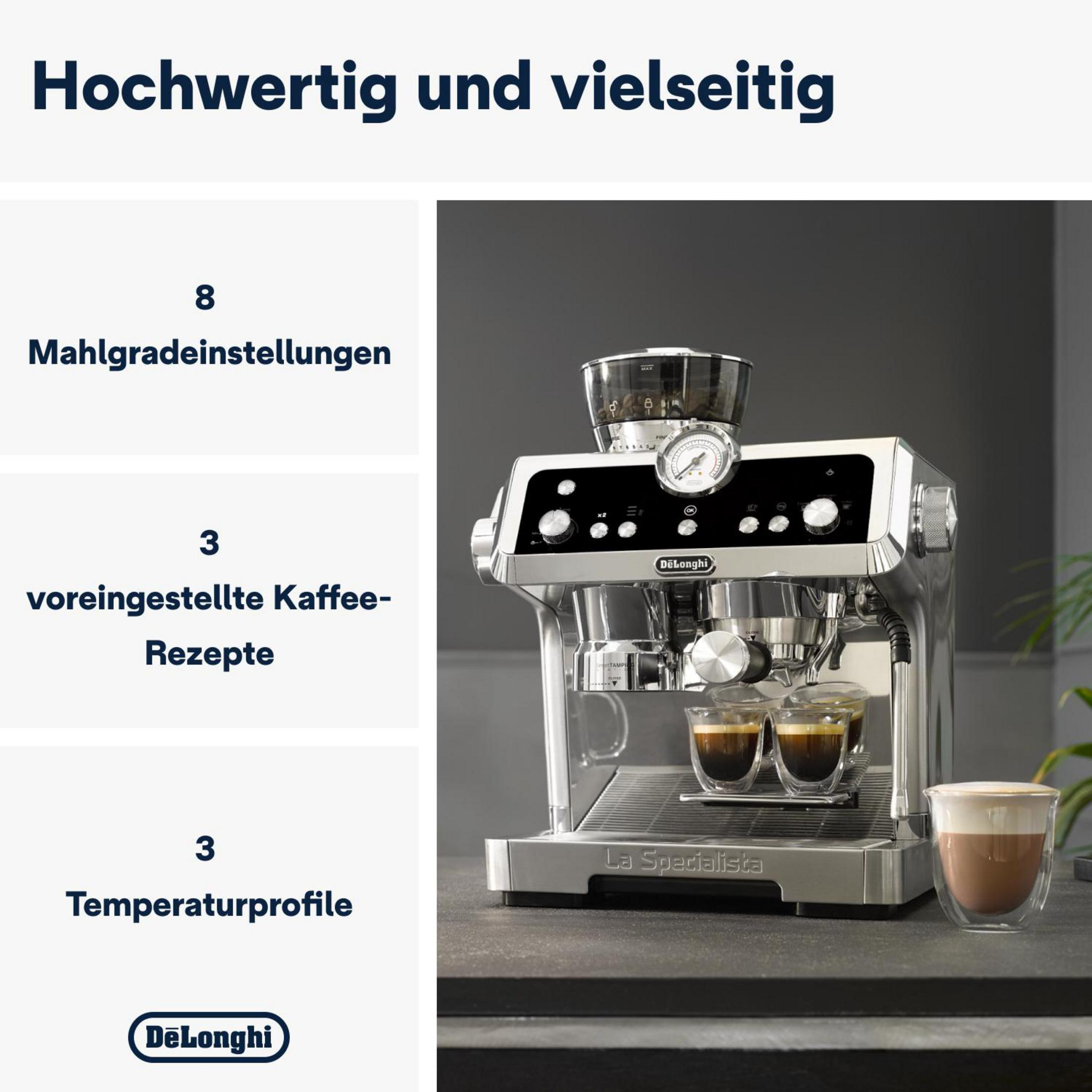 Kaffeemaschine mit Text und Infografik. Grauer Hintergrund, Edelstahl.