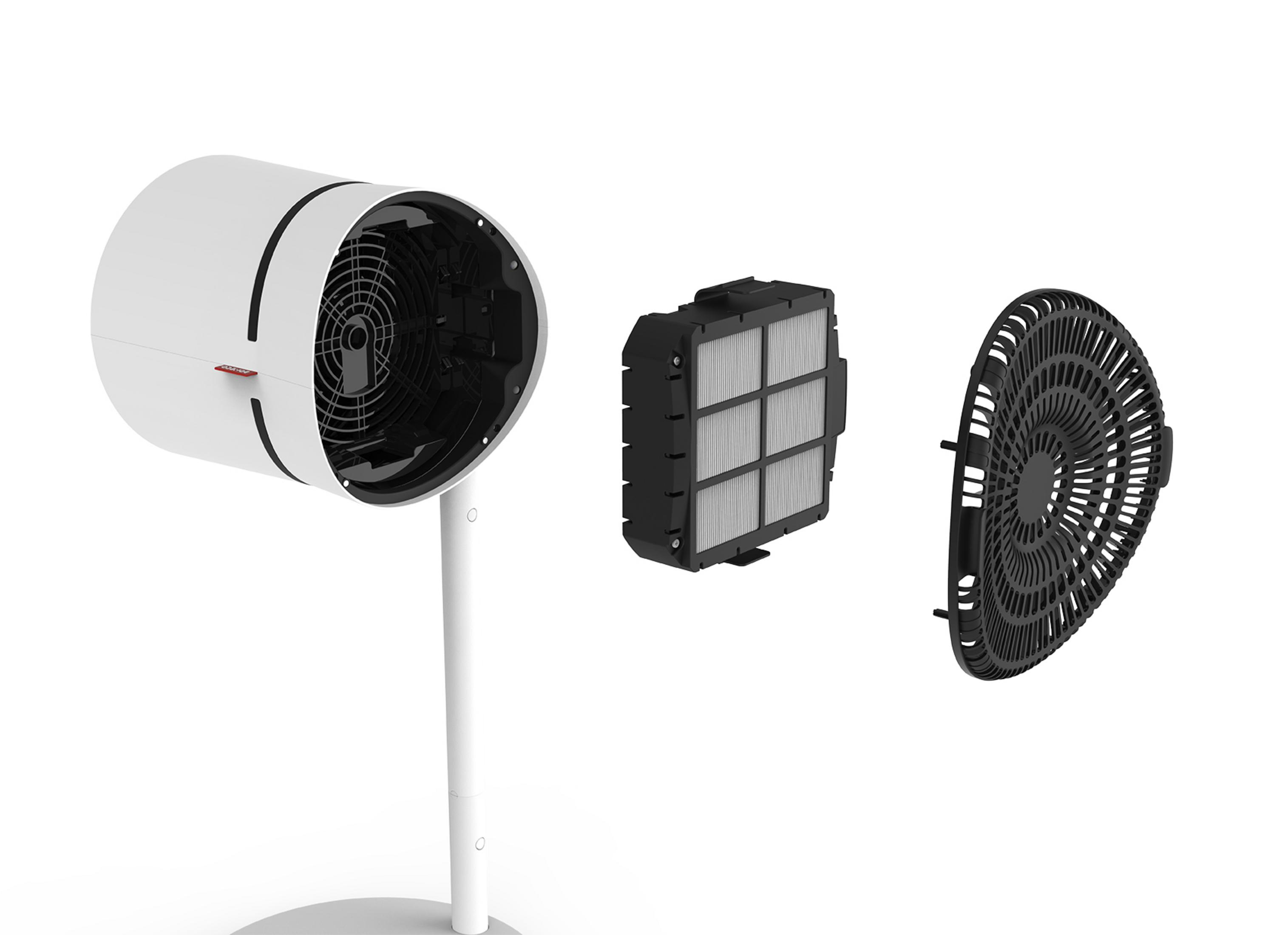 Vue éclatée d'un ventilateur blanc : base, filtre et couvercle avant.