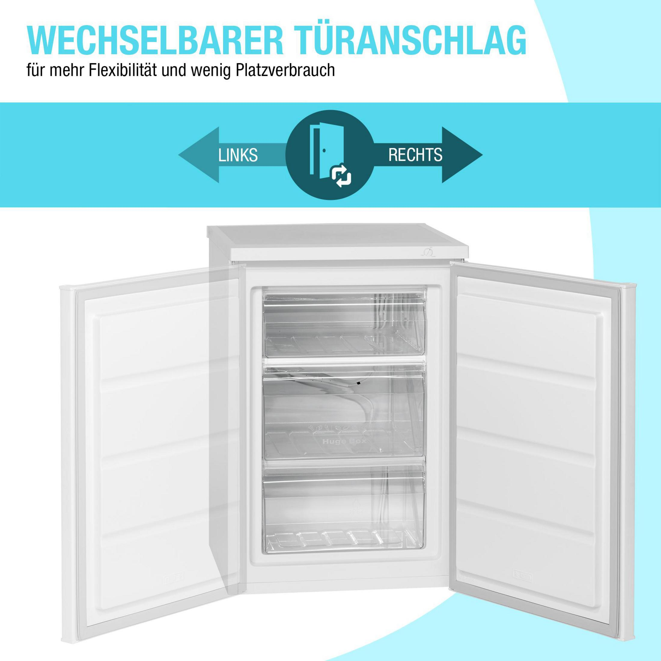 Ein weißer Gefrierschrank mit geöffneten Türen, zeigt reversible Türscharniere mit Text.
