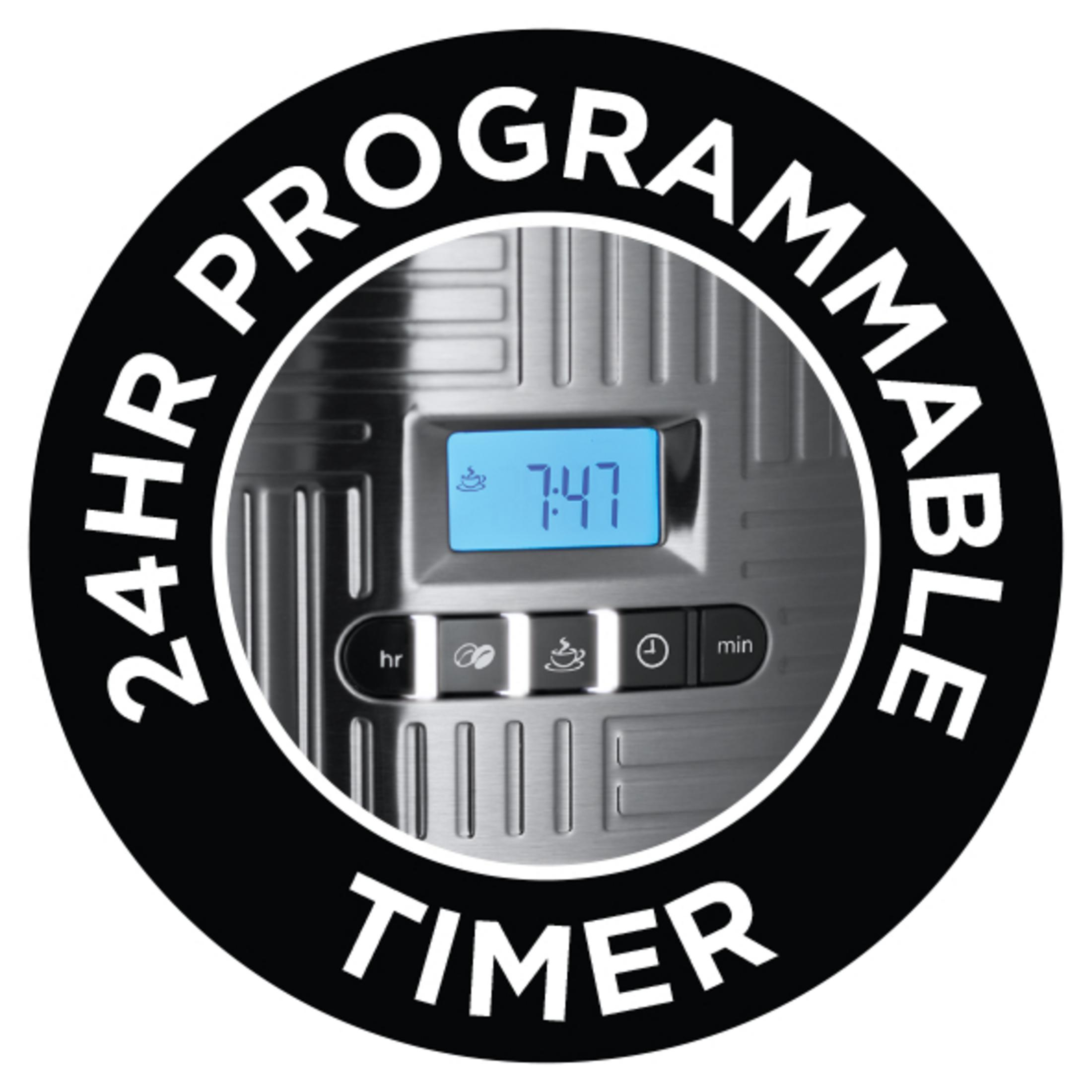 Okragły wyświetlacz timera z zegarem cyfrowym pokazującym 7:47. Tekst brzmi '24HR PROGRAMMABLE TIMER'.