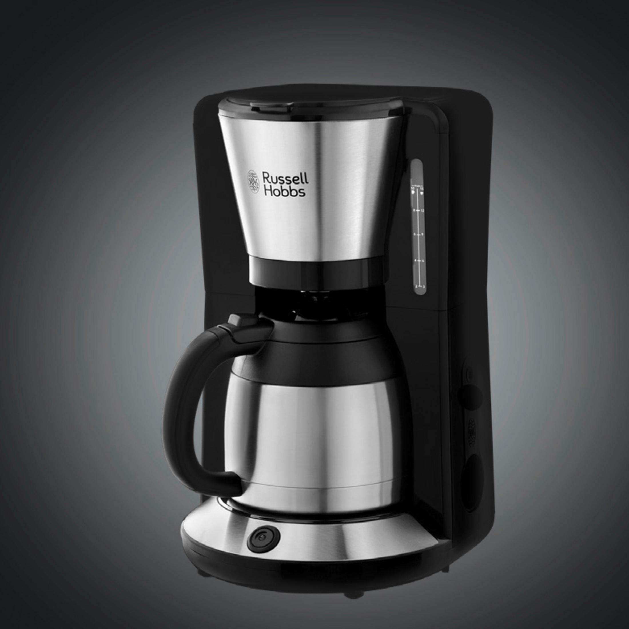 Czarny i srebrny ekspres do kawy Russell Hobbs.