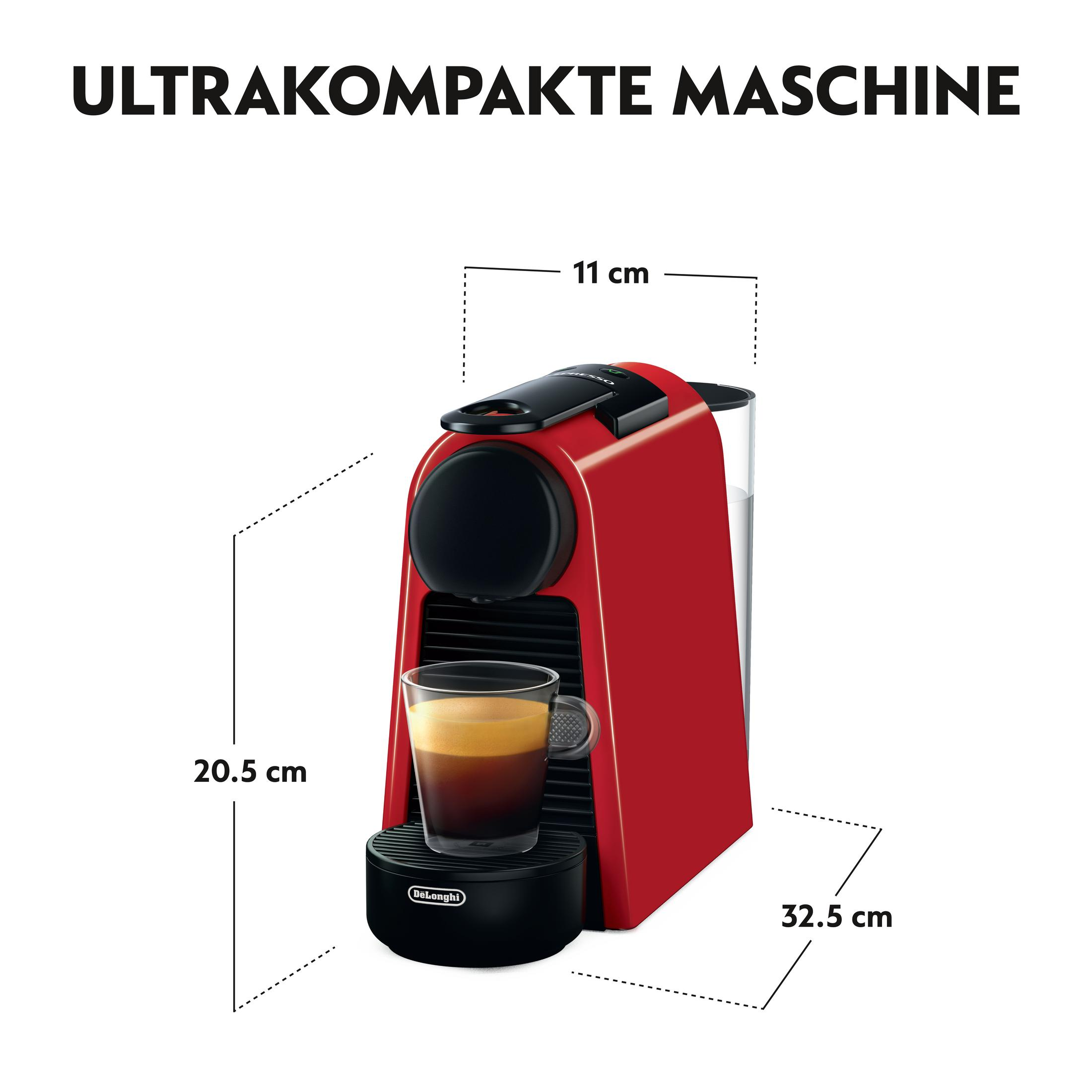 Czerwony ekspres do kawy ze szklanką kawy. Wymiary są pokazane. Białe tło.