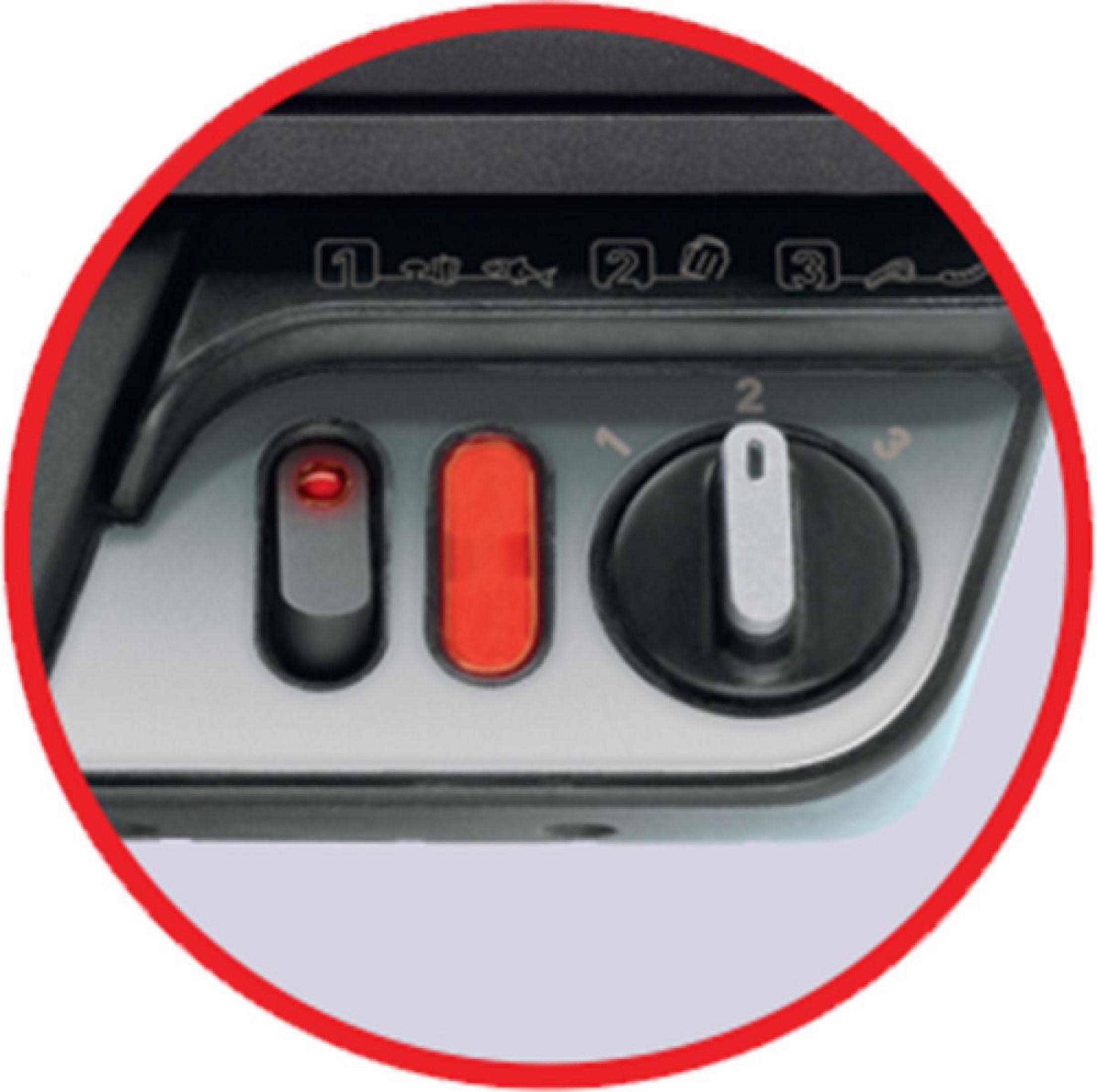 Zbliżenie na elementy sterowania urządzenia z czerwonymi kontrolkami i pokrętłem z numerami 1-3.