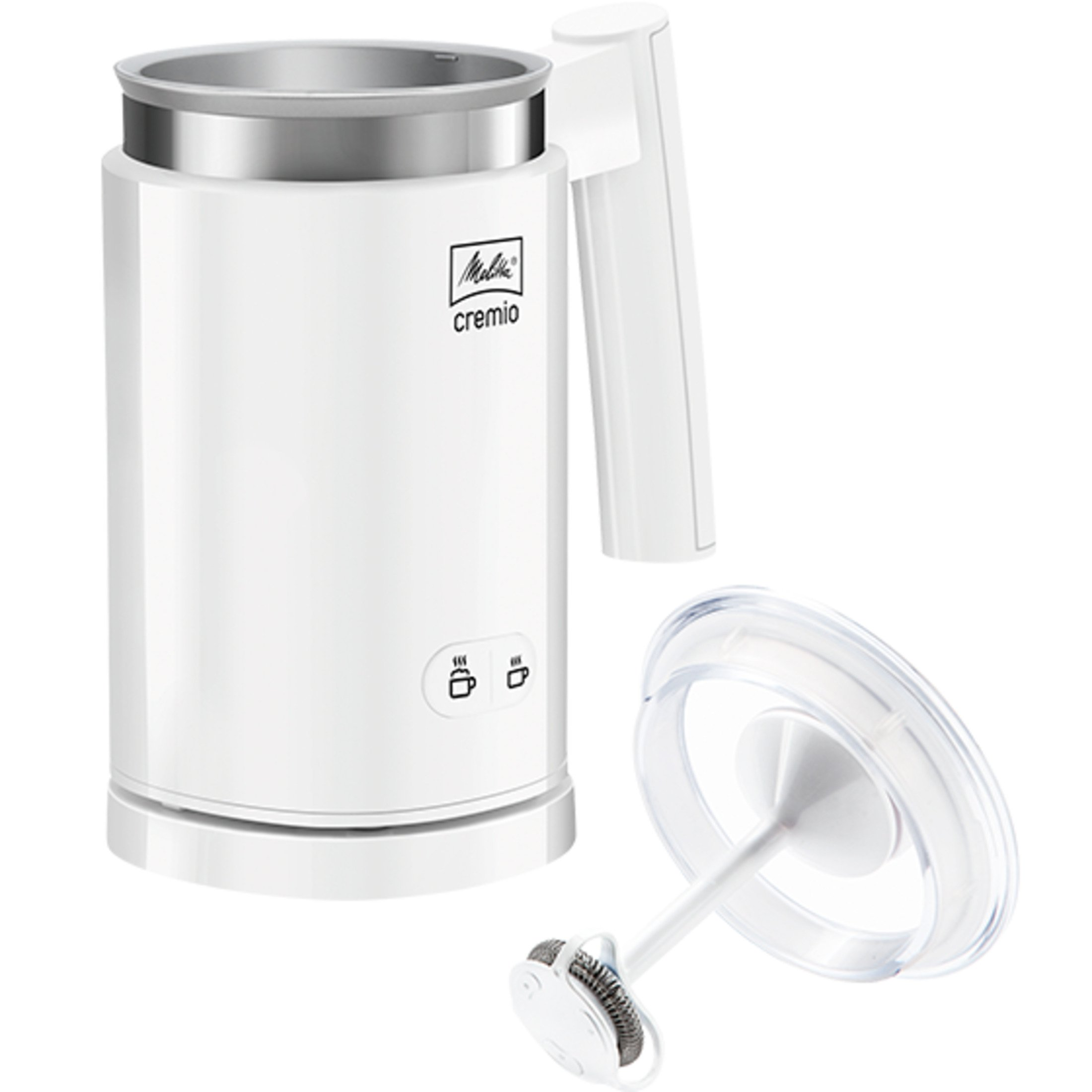 Biały spieniacz do mleka Melitta Cremio z uchwytem i pokrywką, obok jego zdemontowanych części.