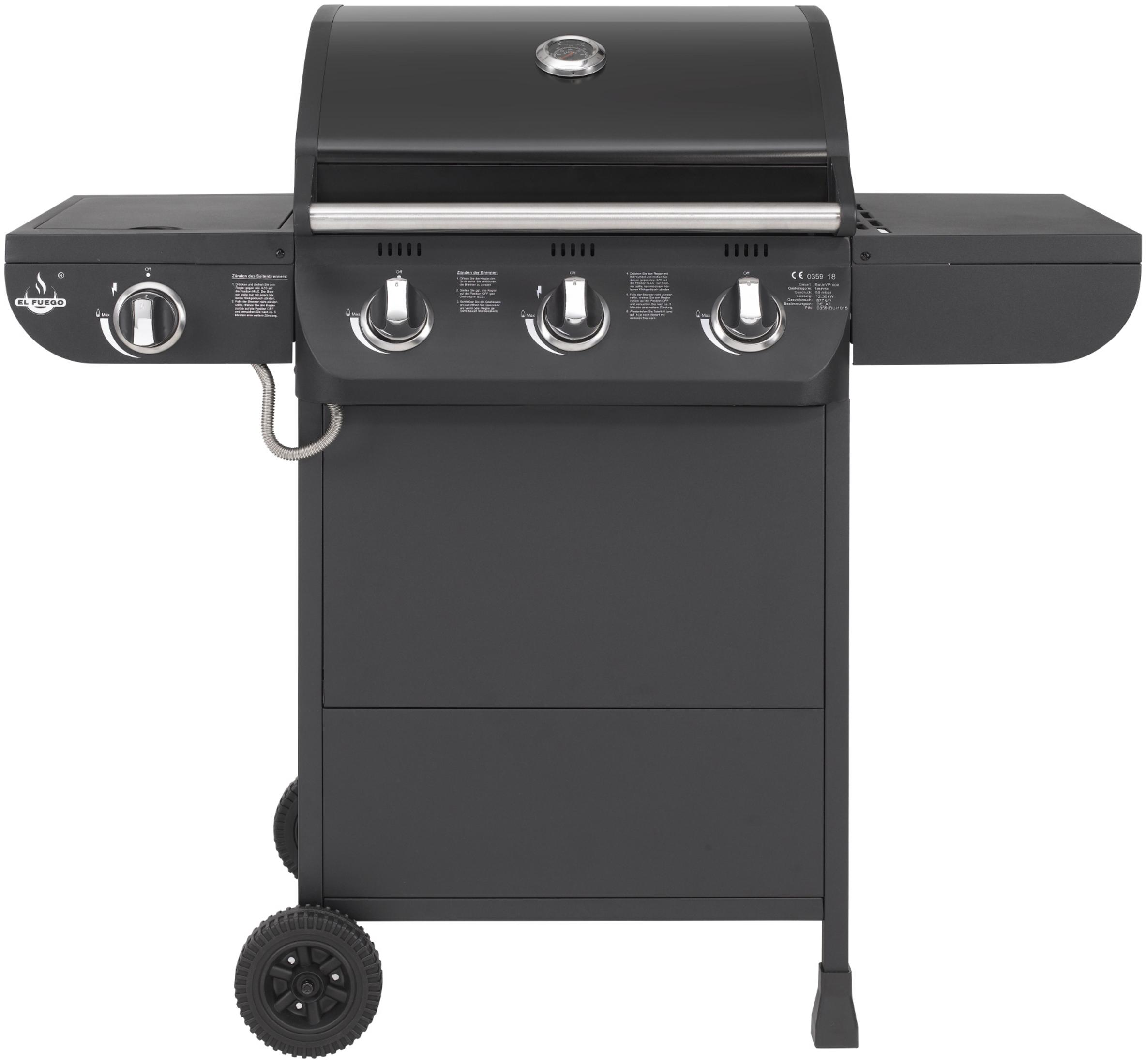 Ein schwarzer Gasgrill mit Seitenablagen, Bedienknöpfen und Rädern.