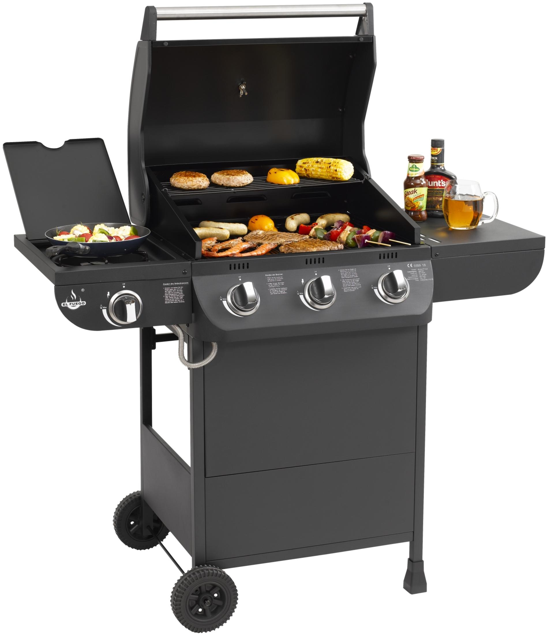 Gasgrill mit Essen zum Kochen und Gewürzen.