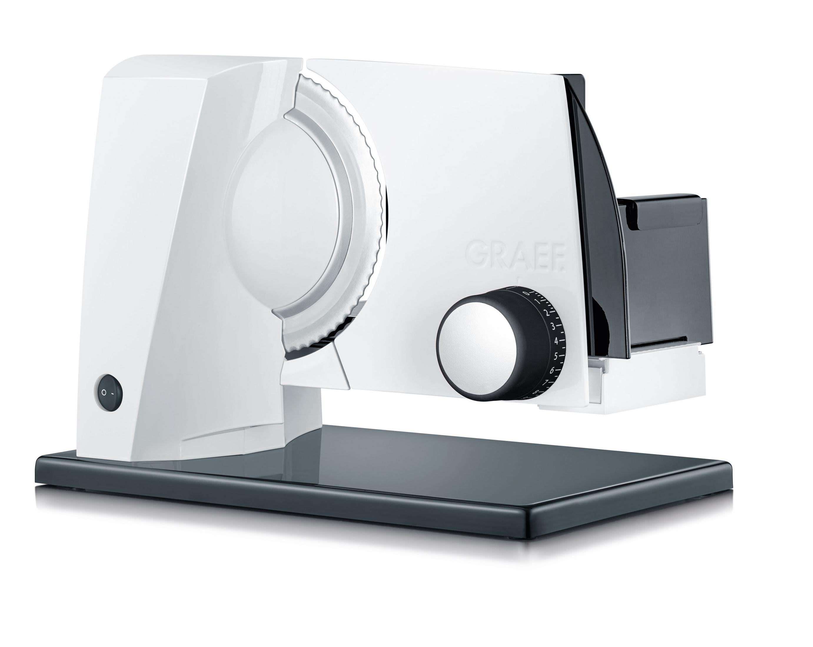 Biało-szara elektryczna krajalnica do żywności z pokrętłem i czarną podstawą.