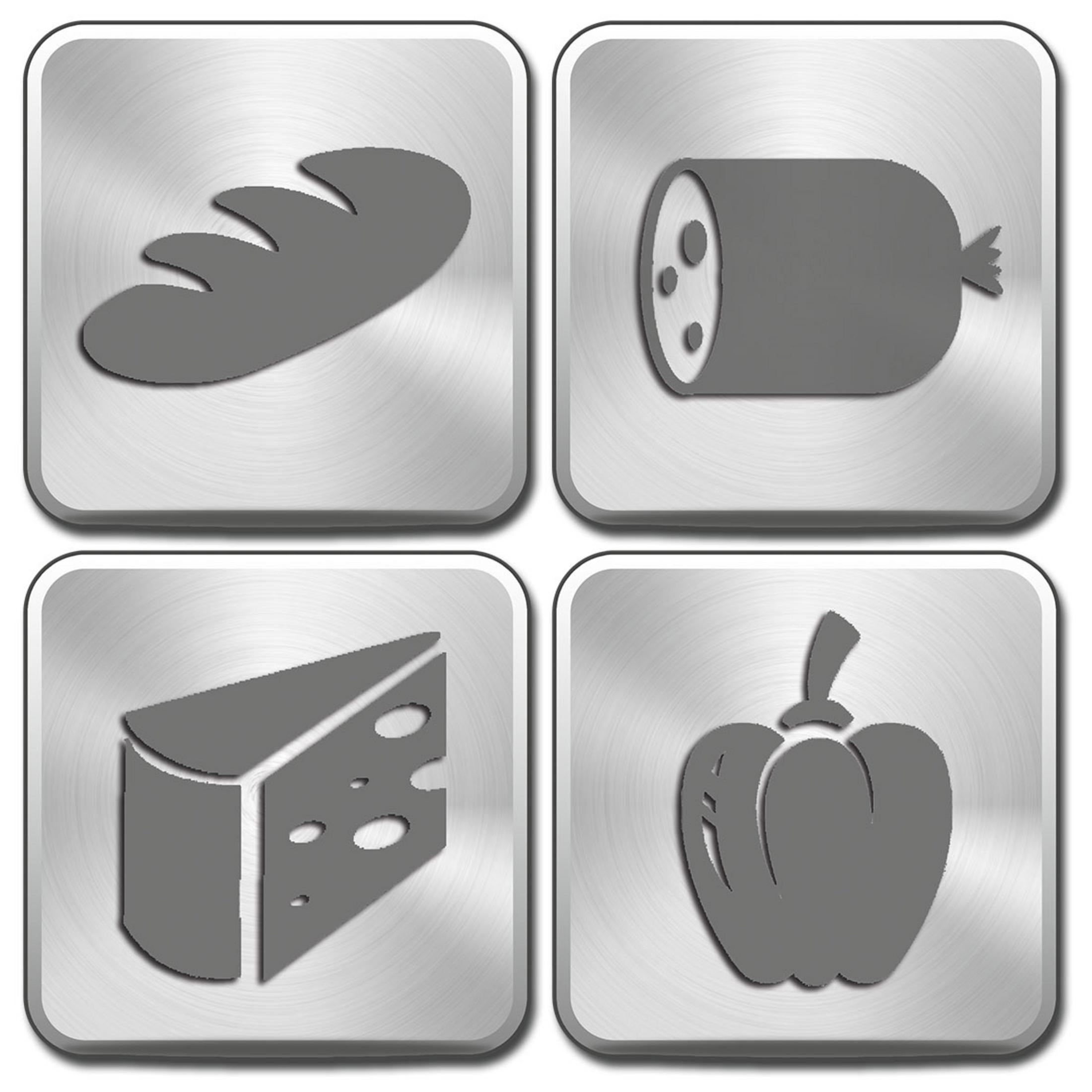 Ikony chleba, kiełbasy, sera i papryki, przedstawione na kwadratowych metalowych płytkach.