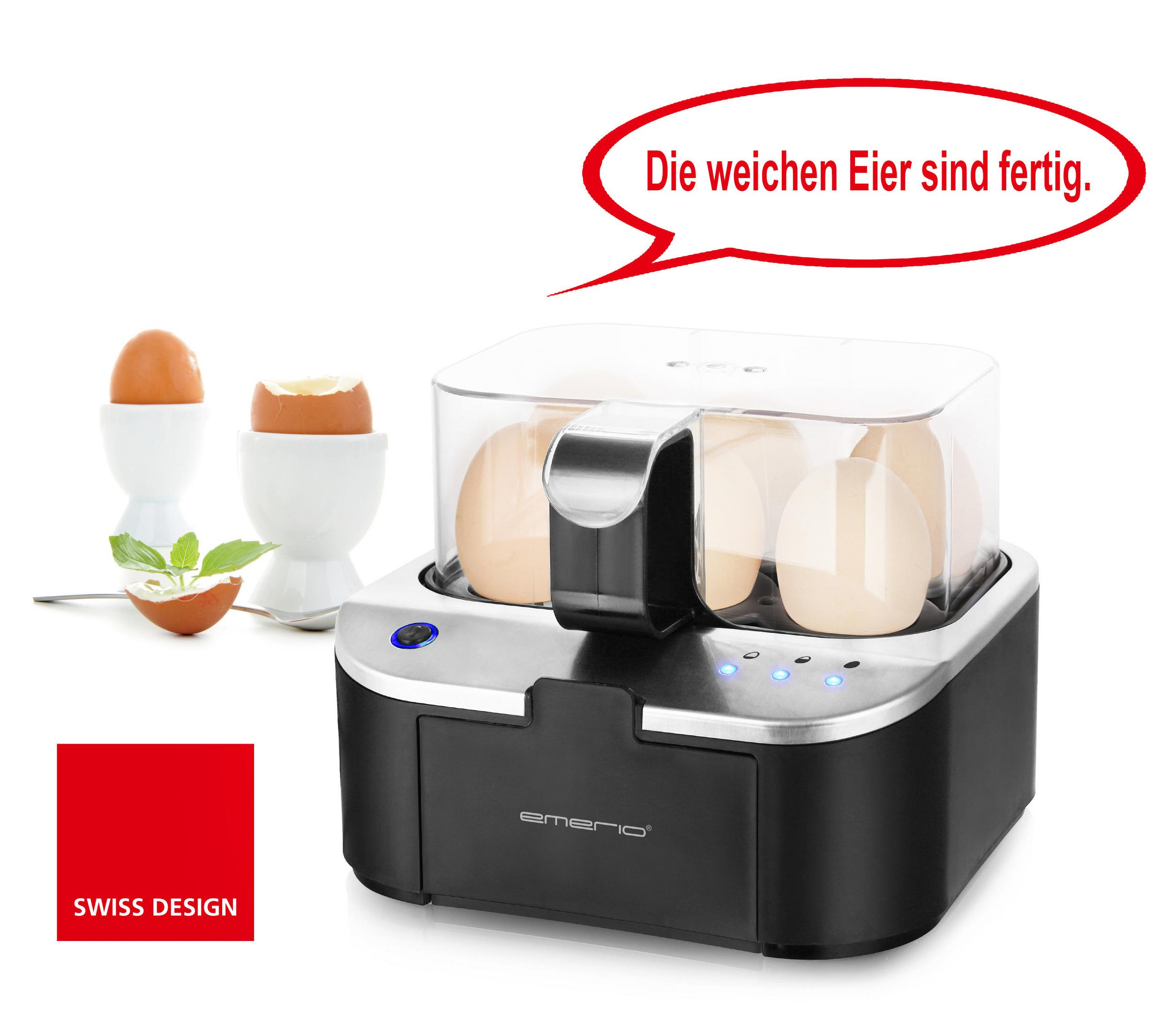 Una máquina para cocer huevos con huevos y un bocadillo que dice: Die weichen Eier sind fertig.
