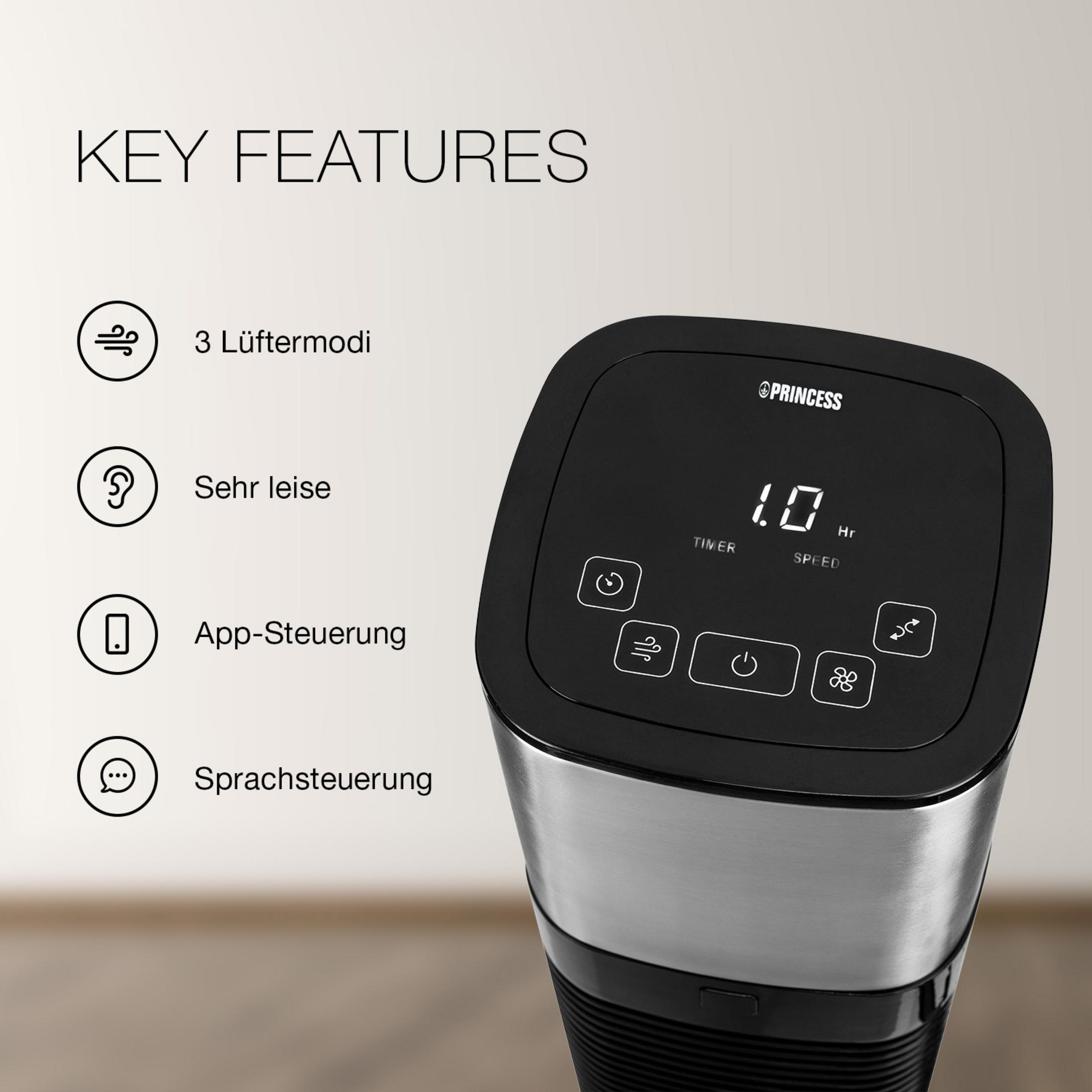 Czarny wentylator z cyfrowym wyświetlaczem i ikonami. Znajduje się tam napis "KEY FEATURES".