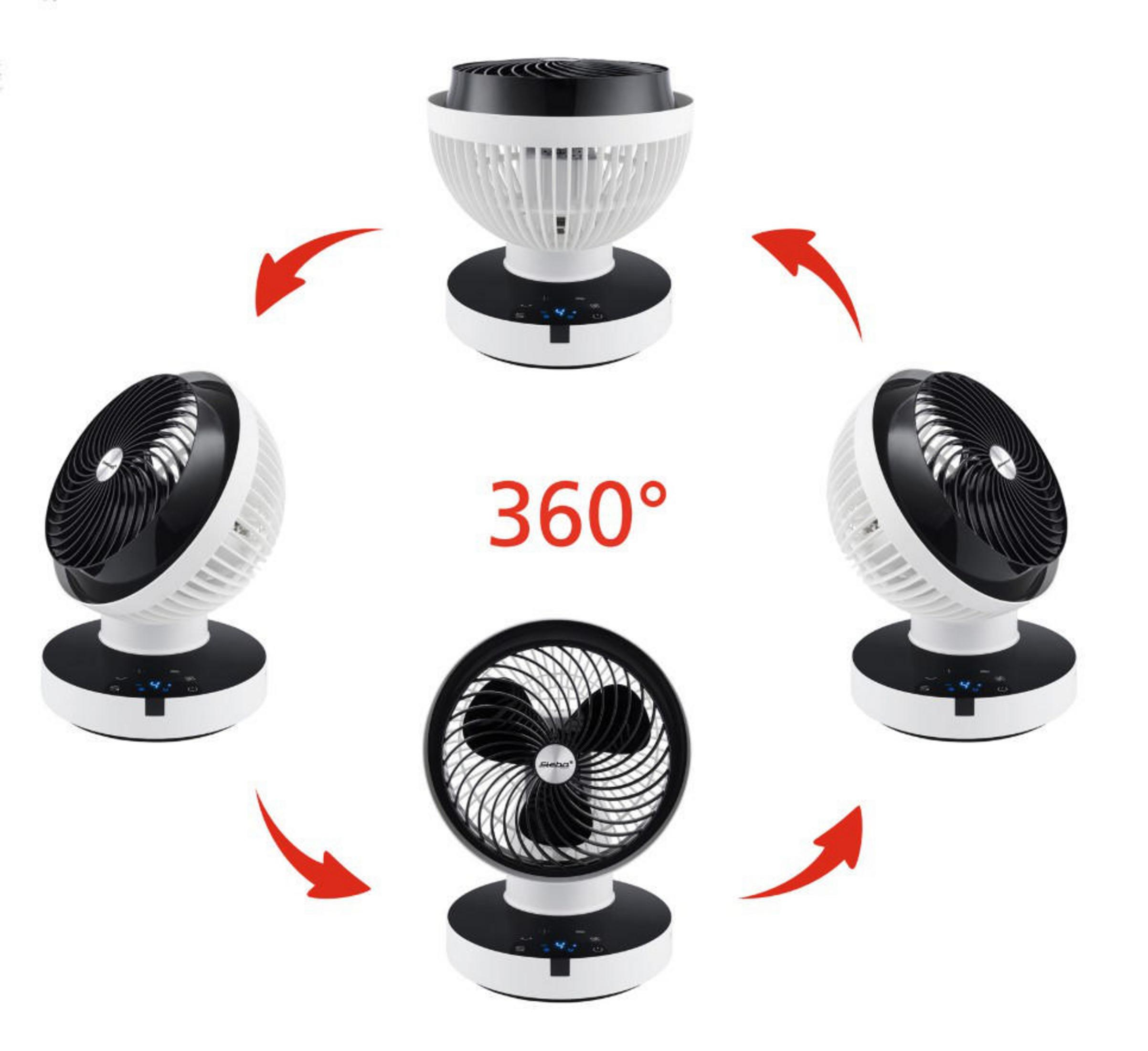 Ein weiß-schwarzer Ventilator mit 360-Grad-Drehdesign, aus mehreren Blickwinkeln gezeigt.