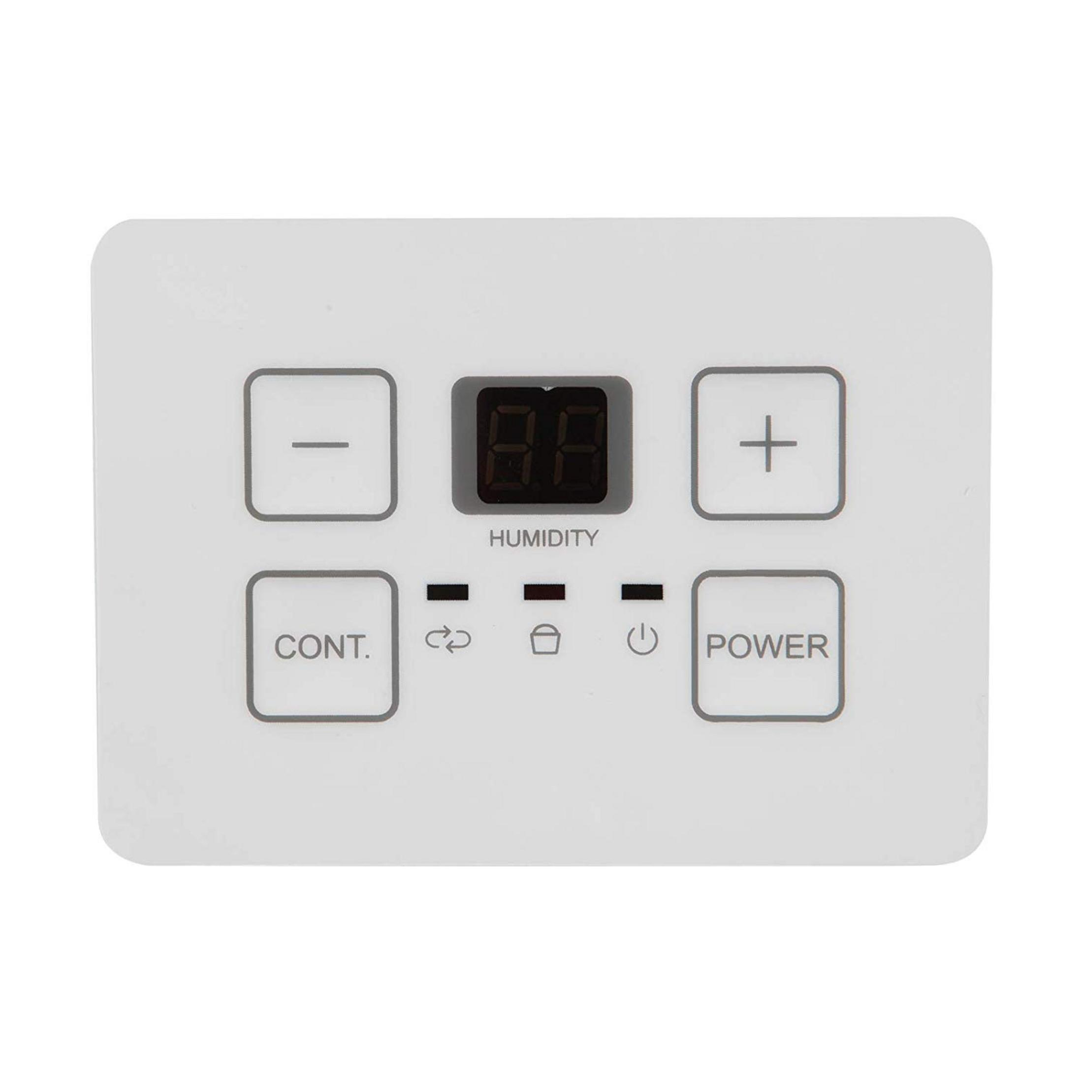 Biały panel sterowania z przyciskami, wyświetlaczem pokazującym wilgotność i przyciskiem zasilania.