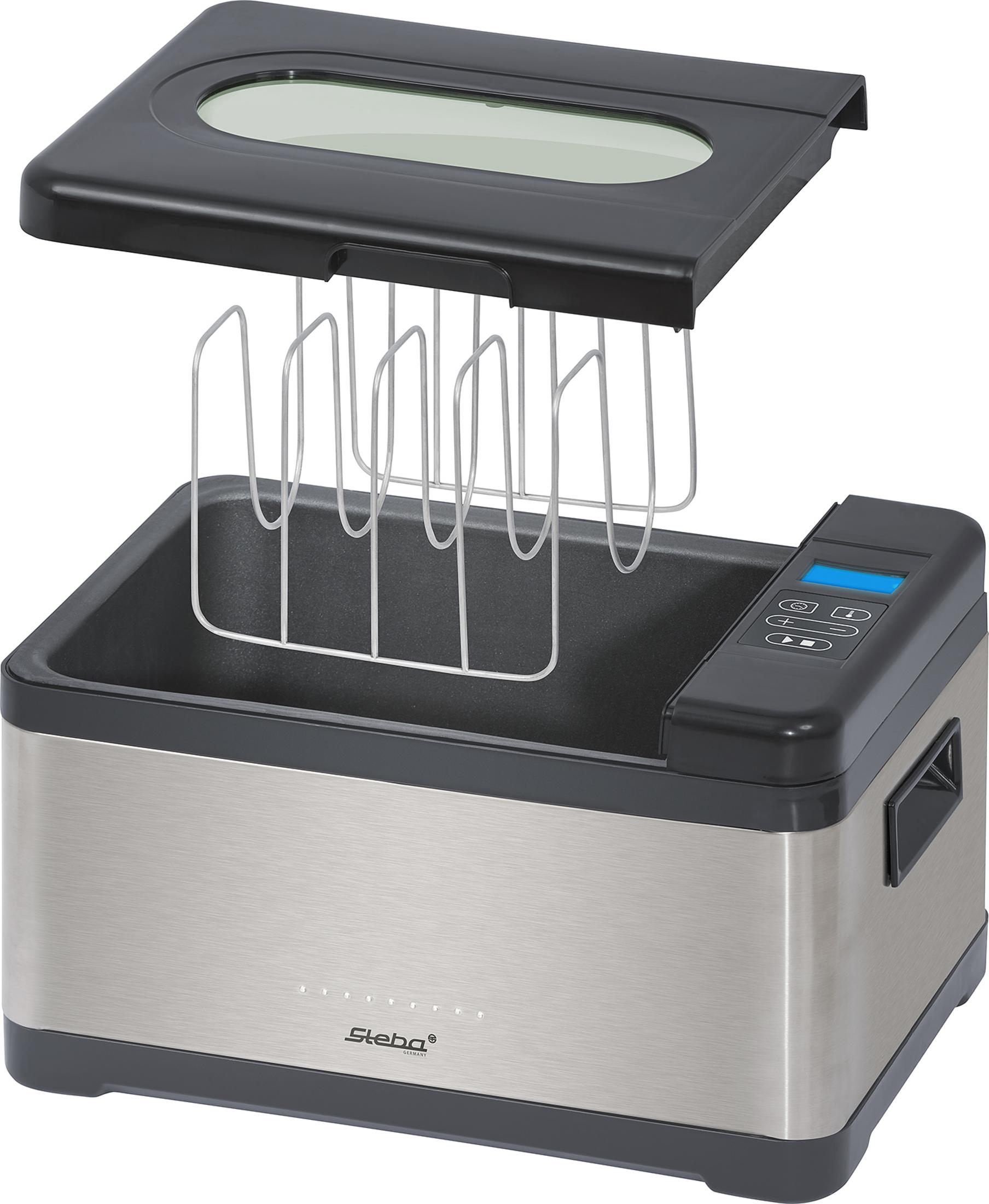 Ein Sous-Vide-Gerät aus Edelstahl mit Deckel und Gestell.