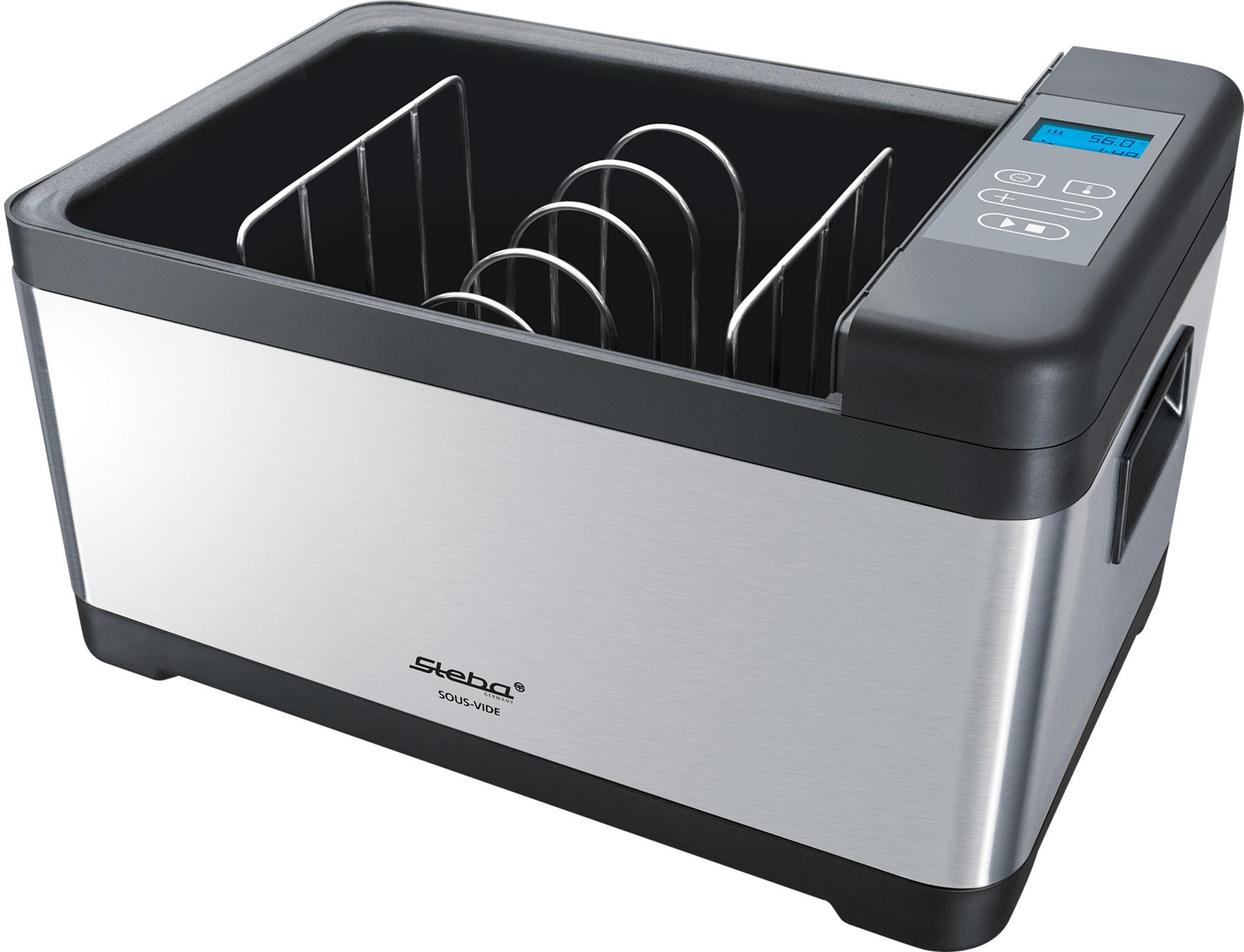 Edelstahl-Sous-Vide-Maschine mit Bedienfeld. Sie hat einen schwarzen Deckel und ein Stahlgehäuse.