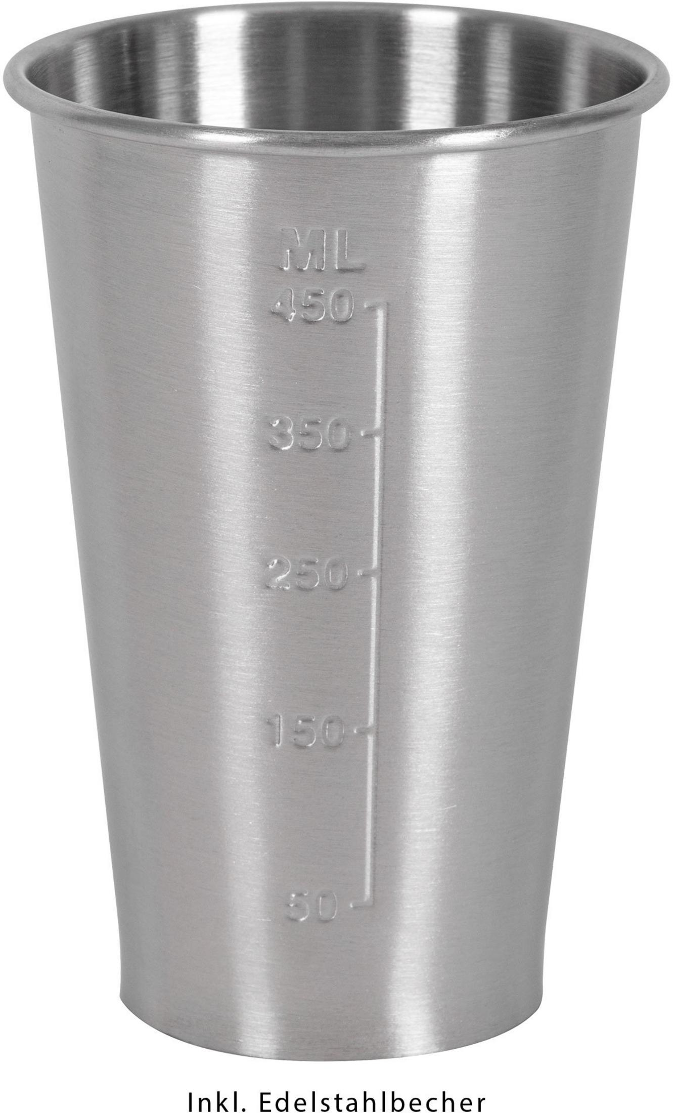 Miarka ze stali nierdzewnej z podziałką dla mililitrów. Pojemność wynosi 50-450 ml.